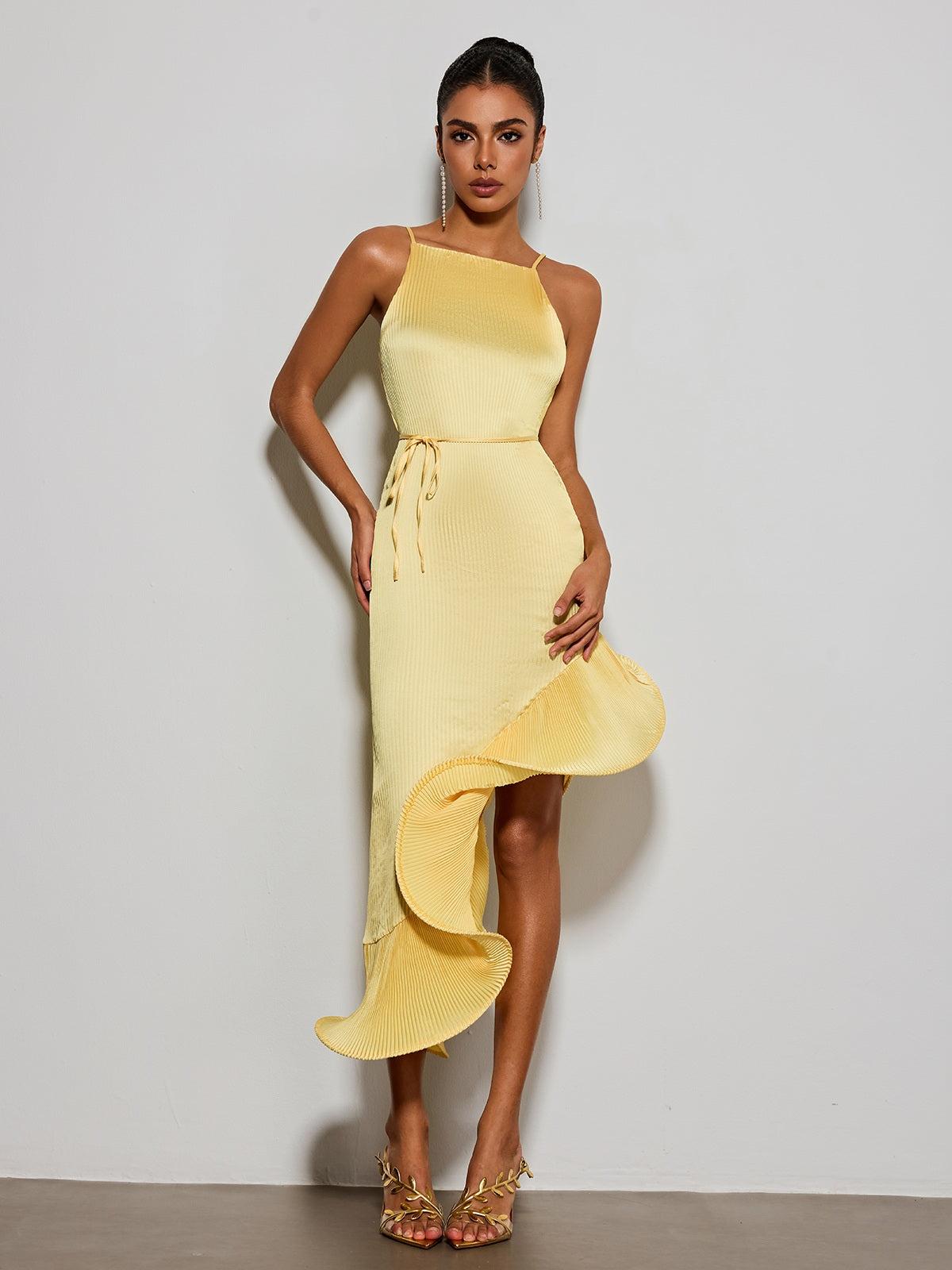 Eudoxia Sleeveless Pleated Ruffle Midi Dress