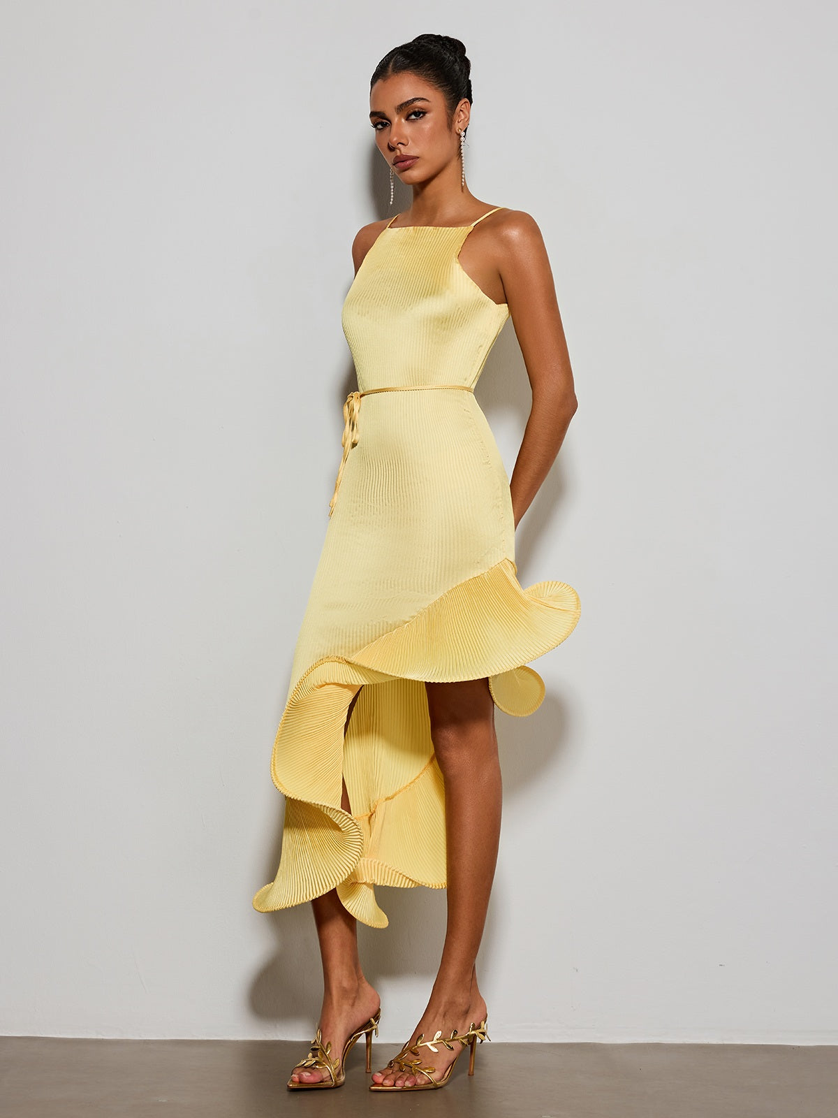Eudoxia Sleeveless Pleated Ruffle Midi Dress