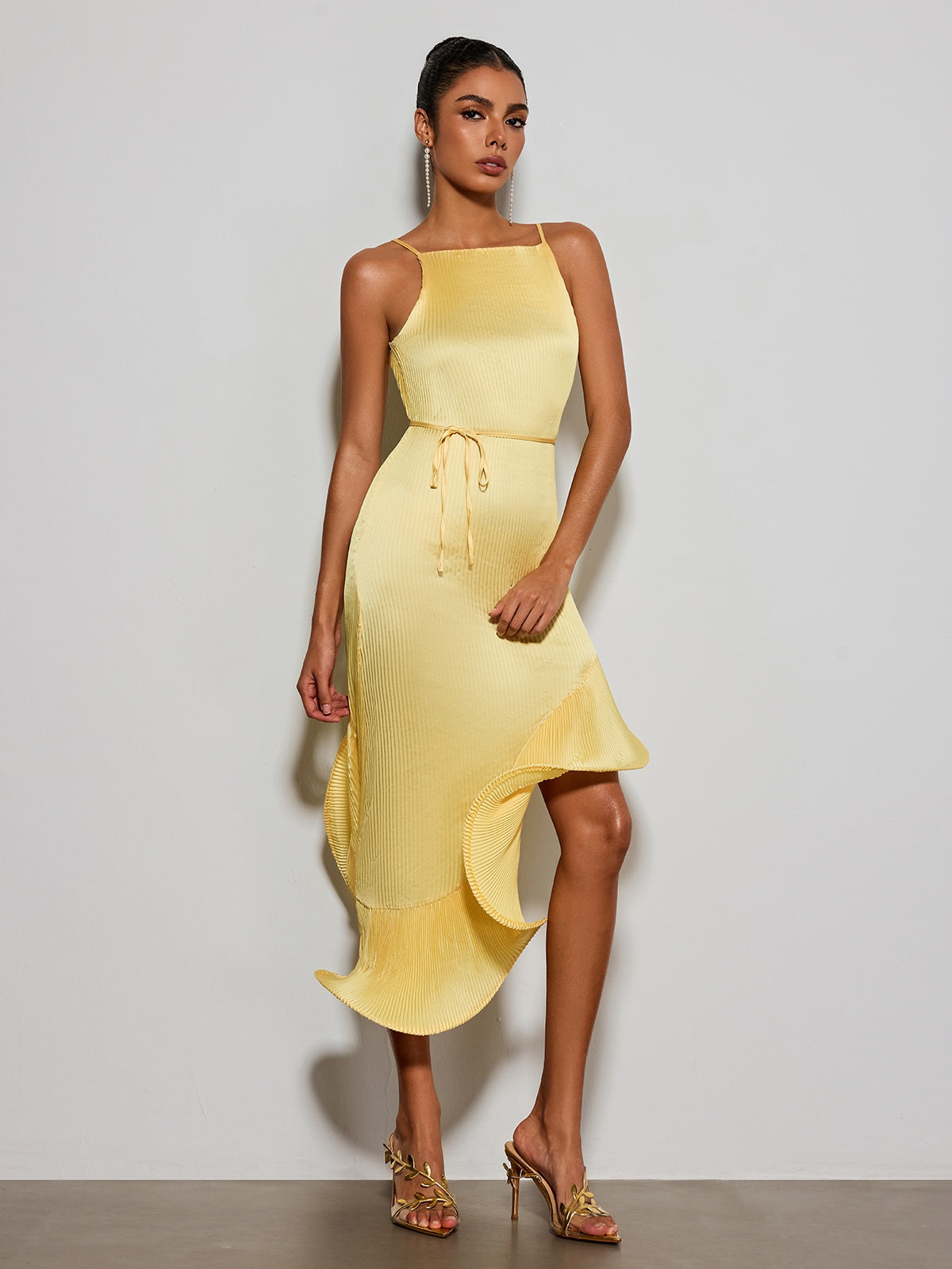Eudoxia Sleeveless Pleated Ruffle Midi Dress