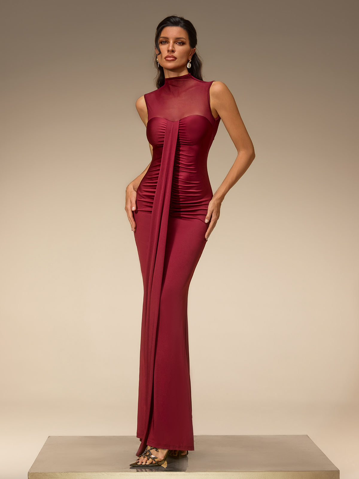 Eusebia Sleeveless Mesh Draped Maxi Dress