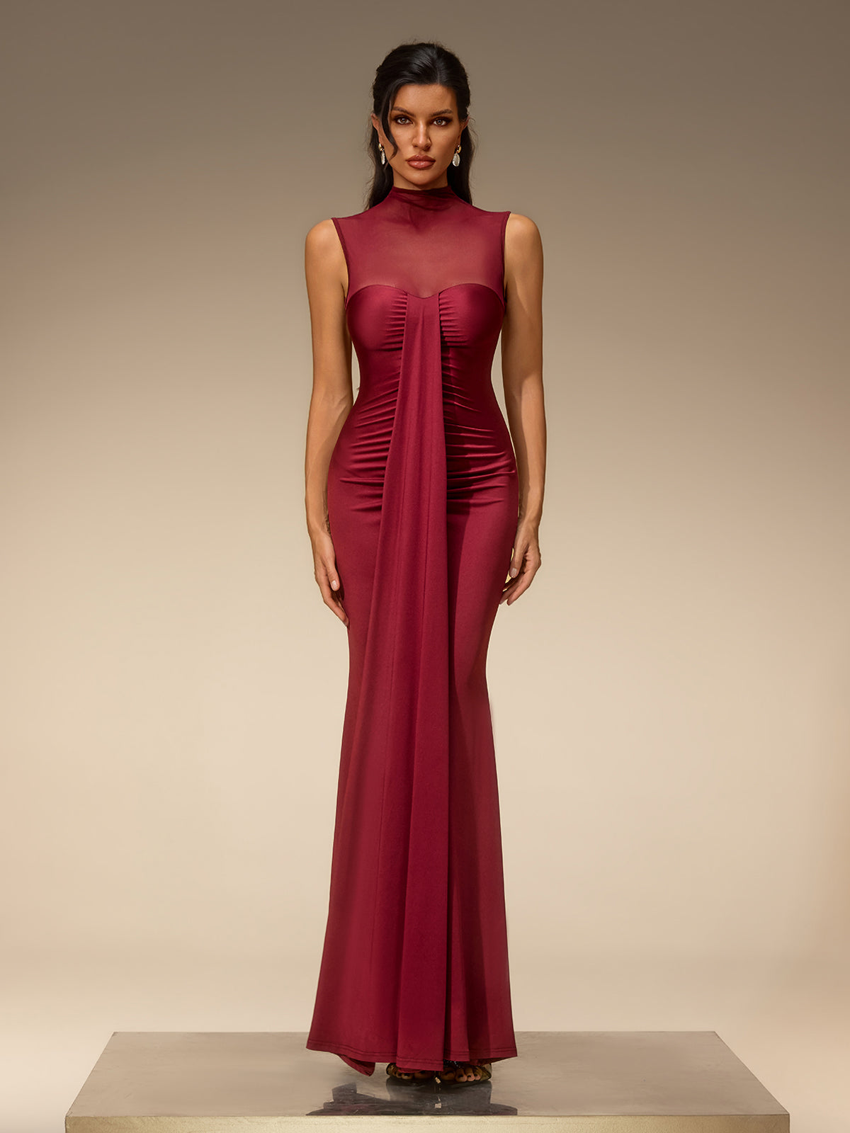 Eusebia Sleeveless Mesh Draped Maxi Dress