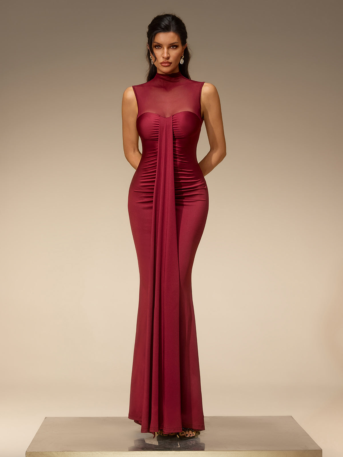Eusebia Sleeveless Mesh Draped Maxi Dress