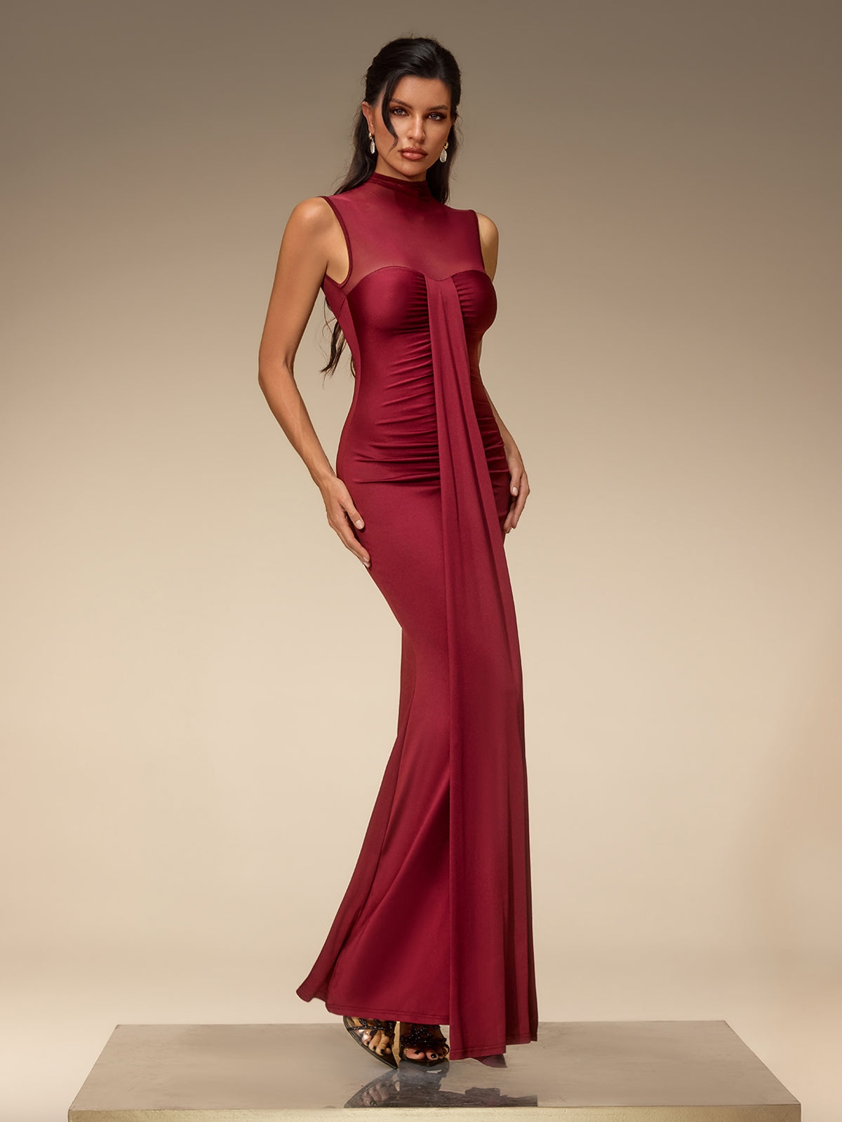Eusebia Sleeveless Mesh Draped Maxi Dress