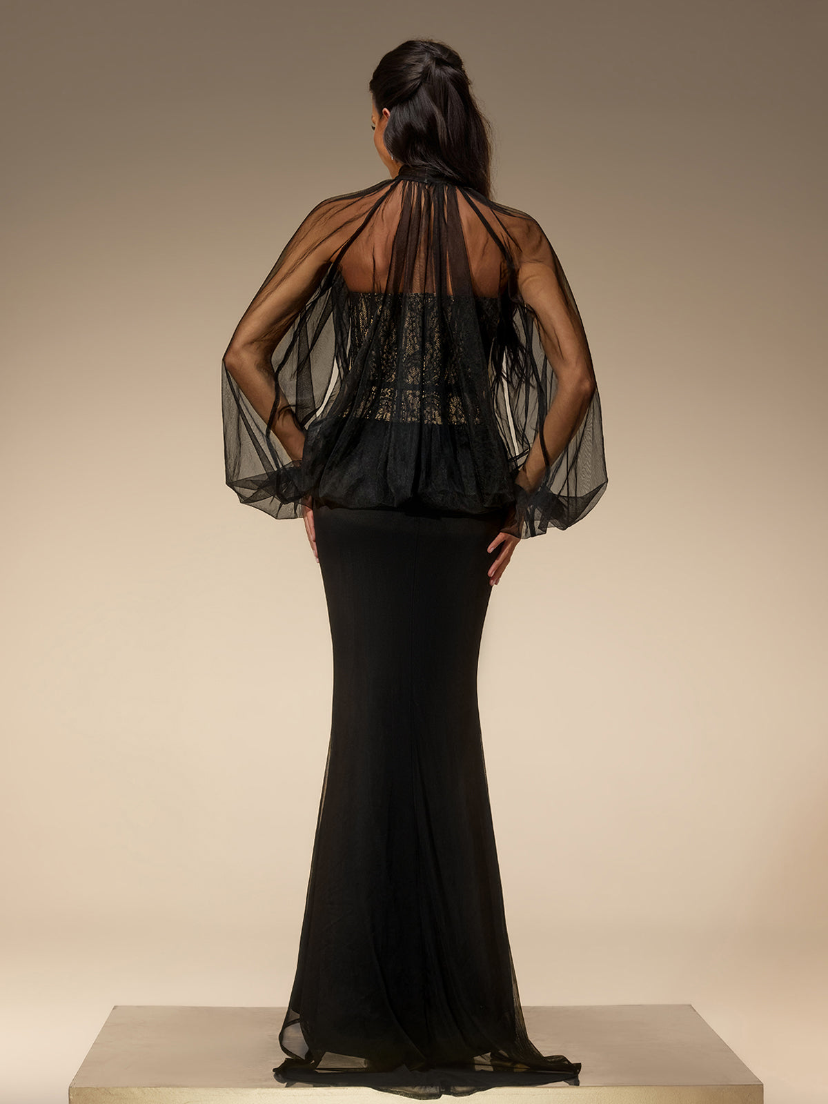 Evelia Lantern Sleeve Mesh Maxi Dress