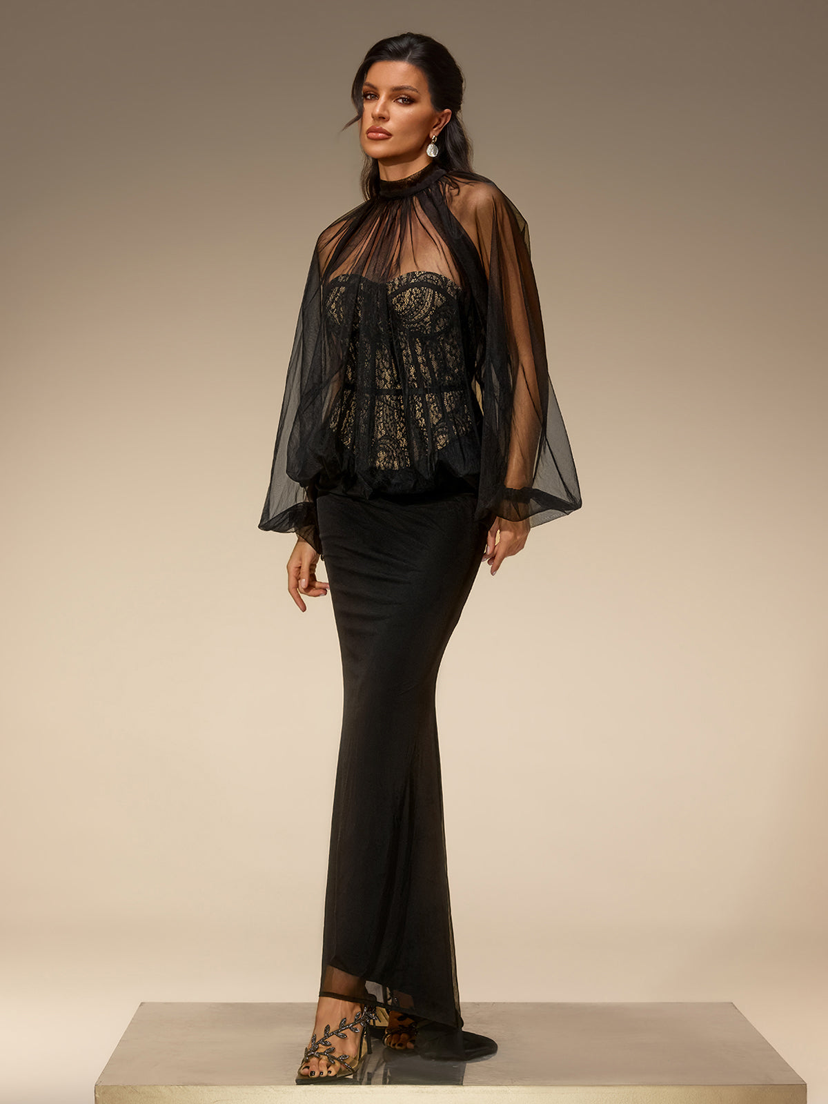 Evelia Lantern Sleeve Mesh Maxi Dress
