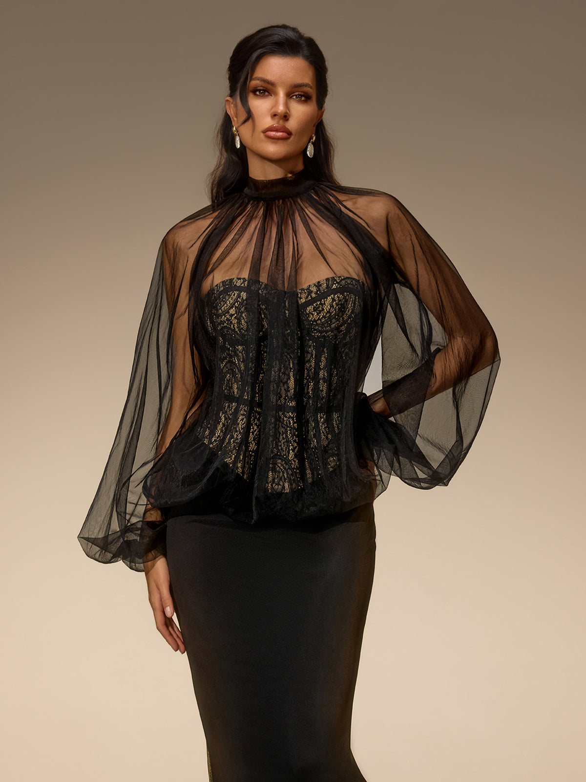 Evelia Lantern Sleeve Mesh Maxi Dress