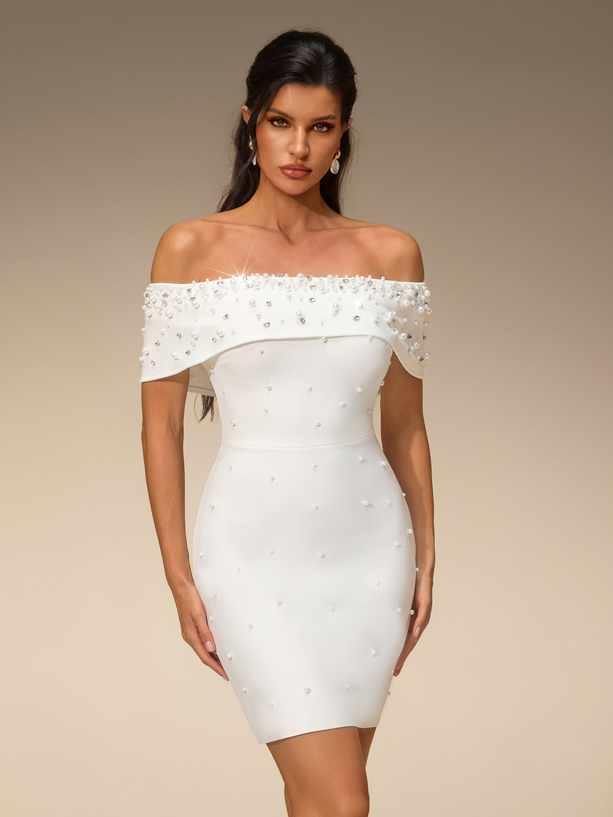 Everild Off Shoulder Pearl Bandage Mini Dress