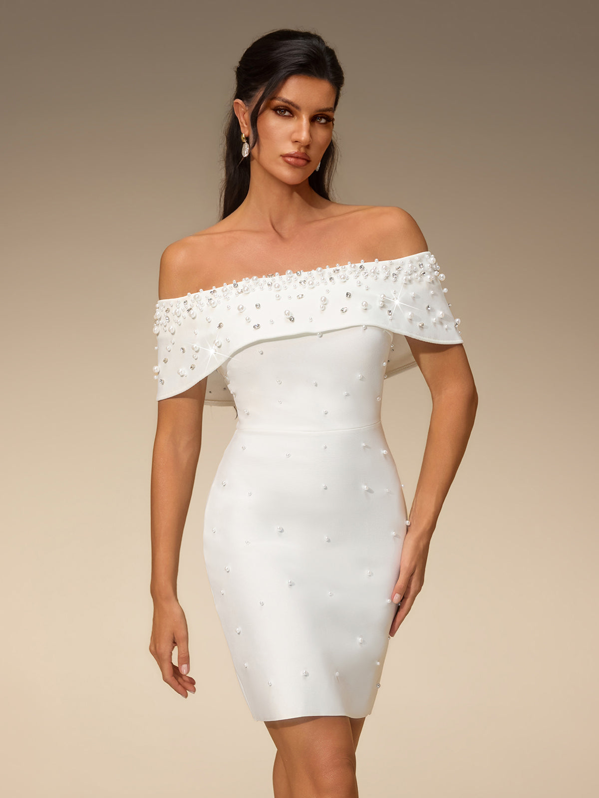 Everild Off Shoulder Pearl Bandage Mini Dress