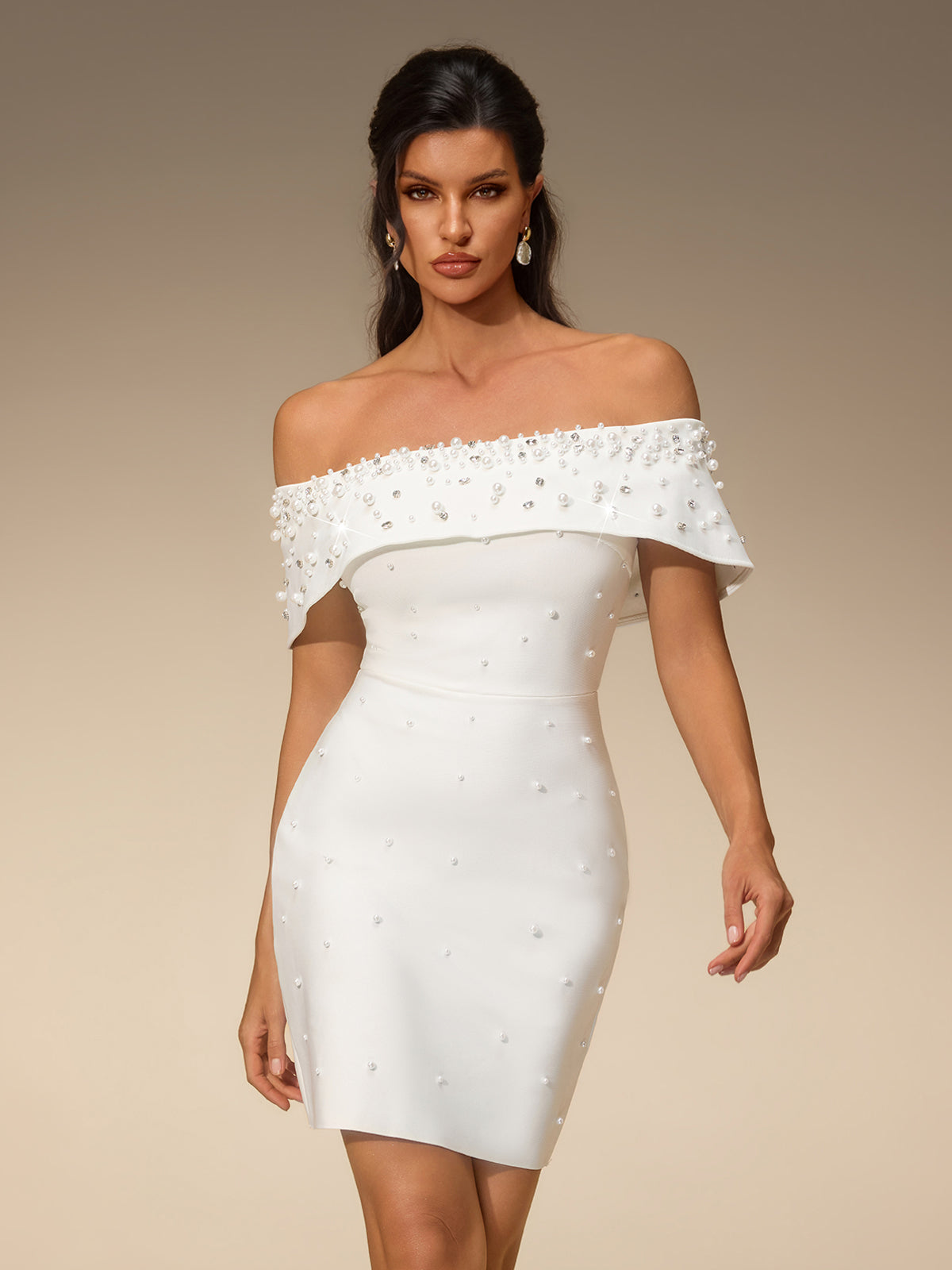 Everild Off Shoulder Pearl Bandage Mini Dress