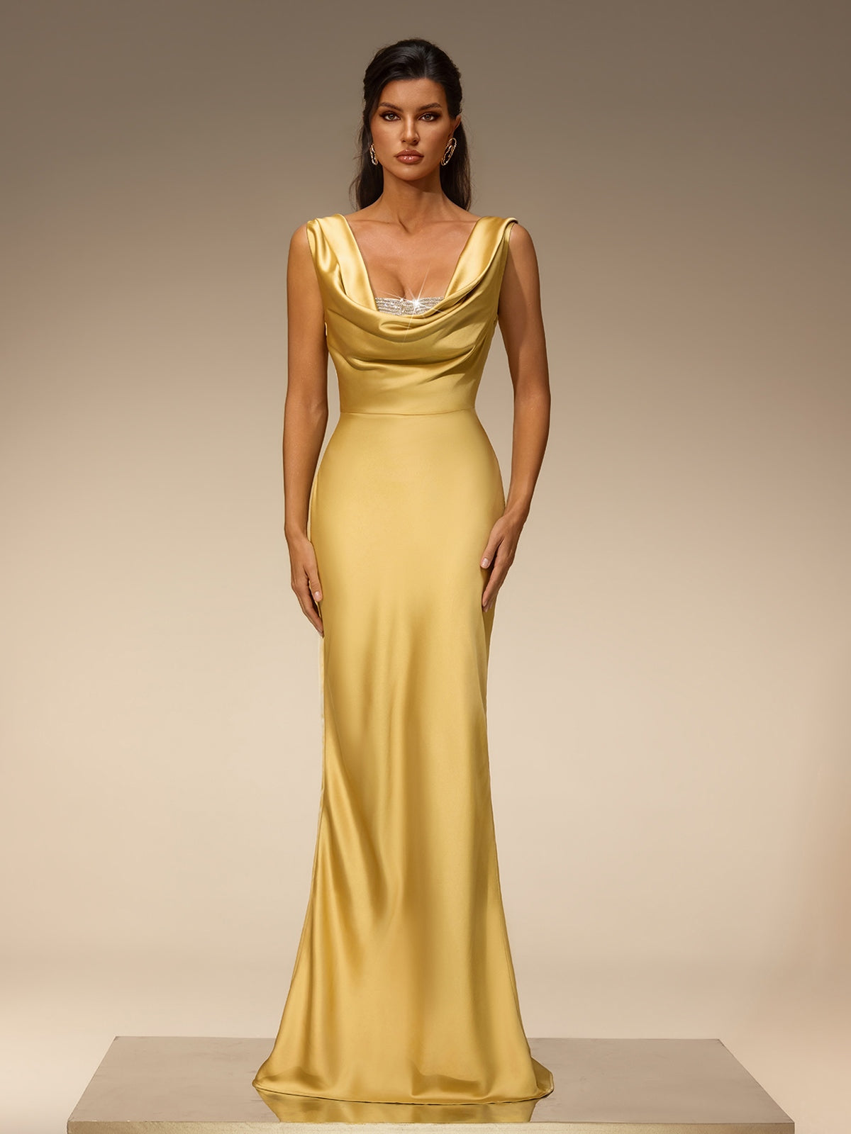 Evoryn Cowl Neck Satin Maxi Dress
