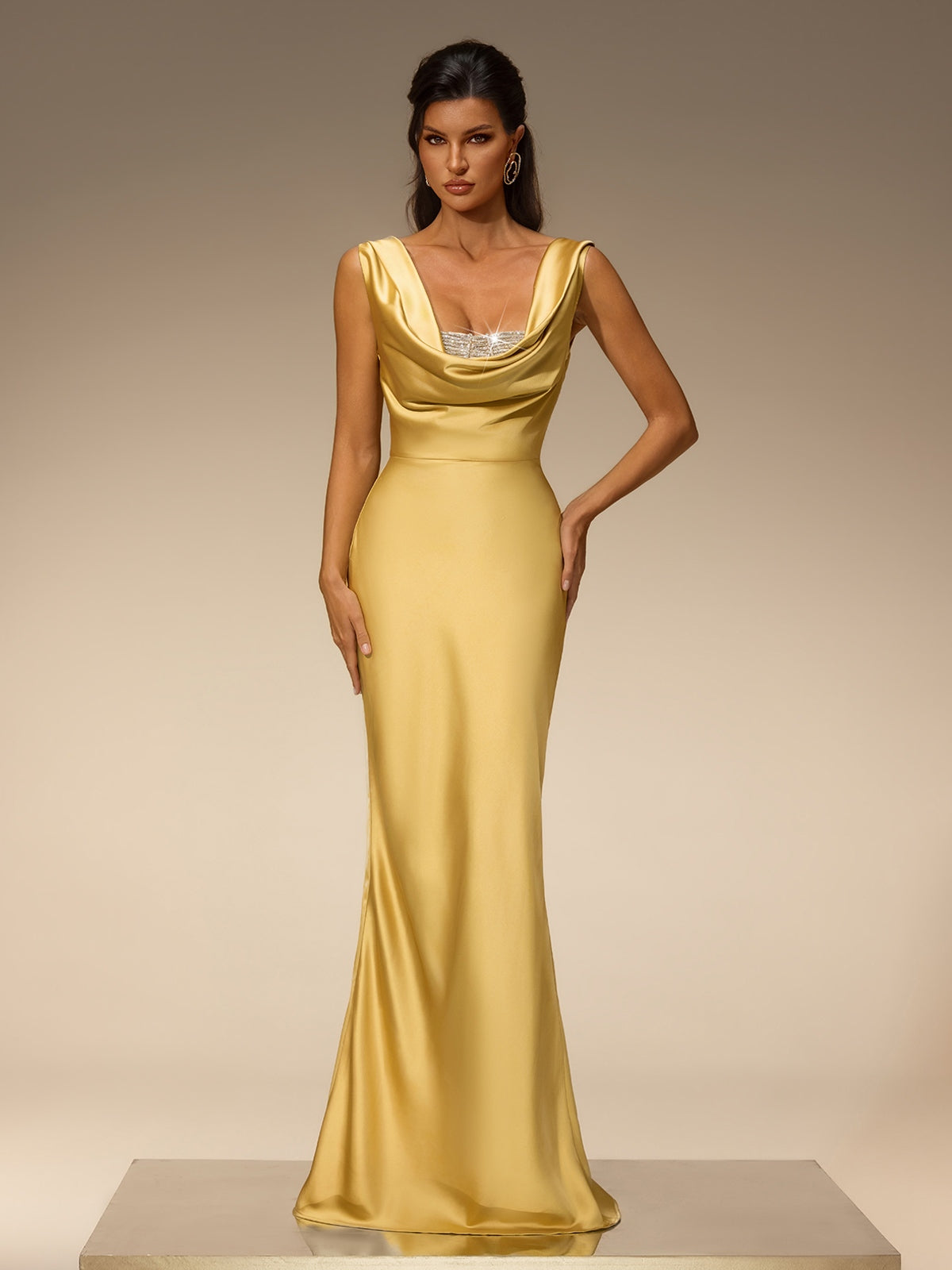 Evoryn Cowl Neck Satin Maxi Dress