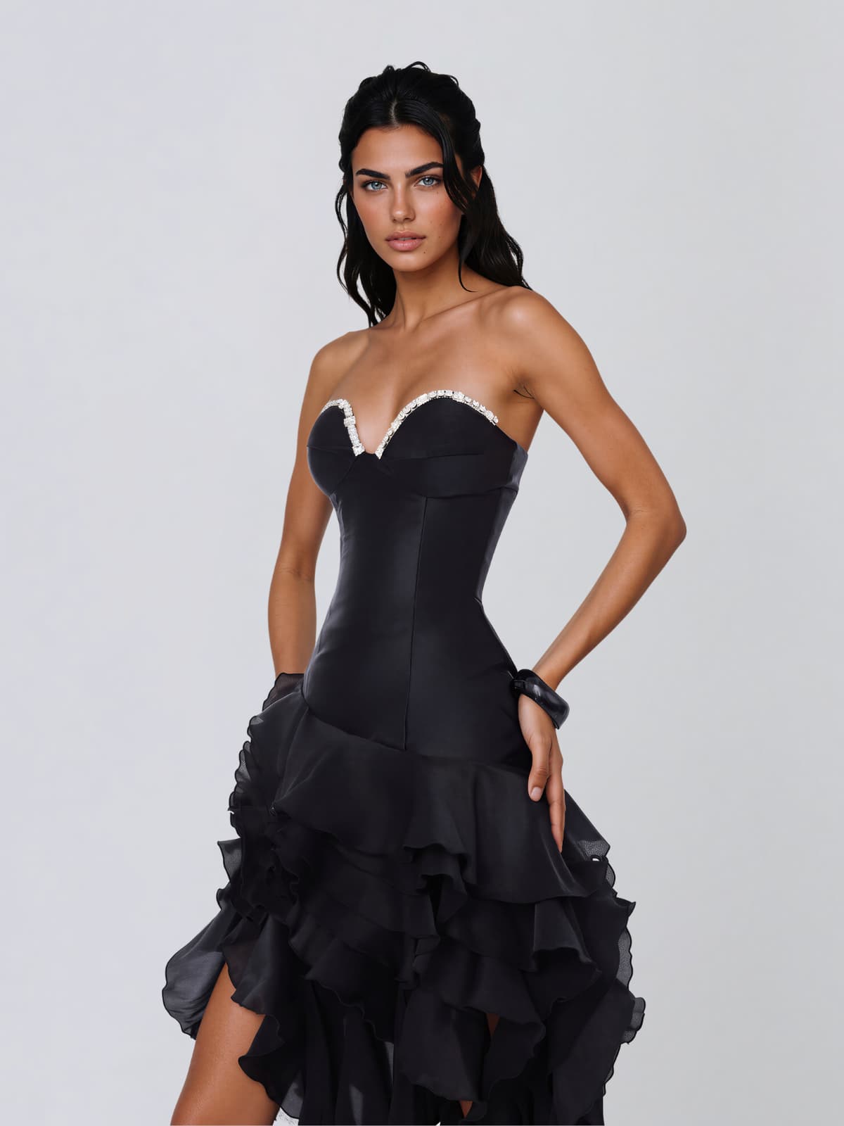 Falden Strapless Ruffle Crystal Dress In Black