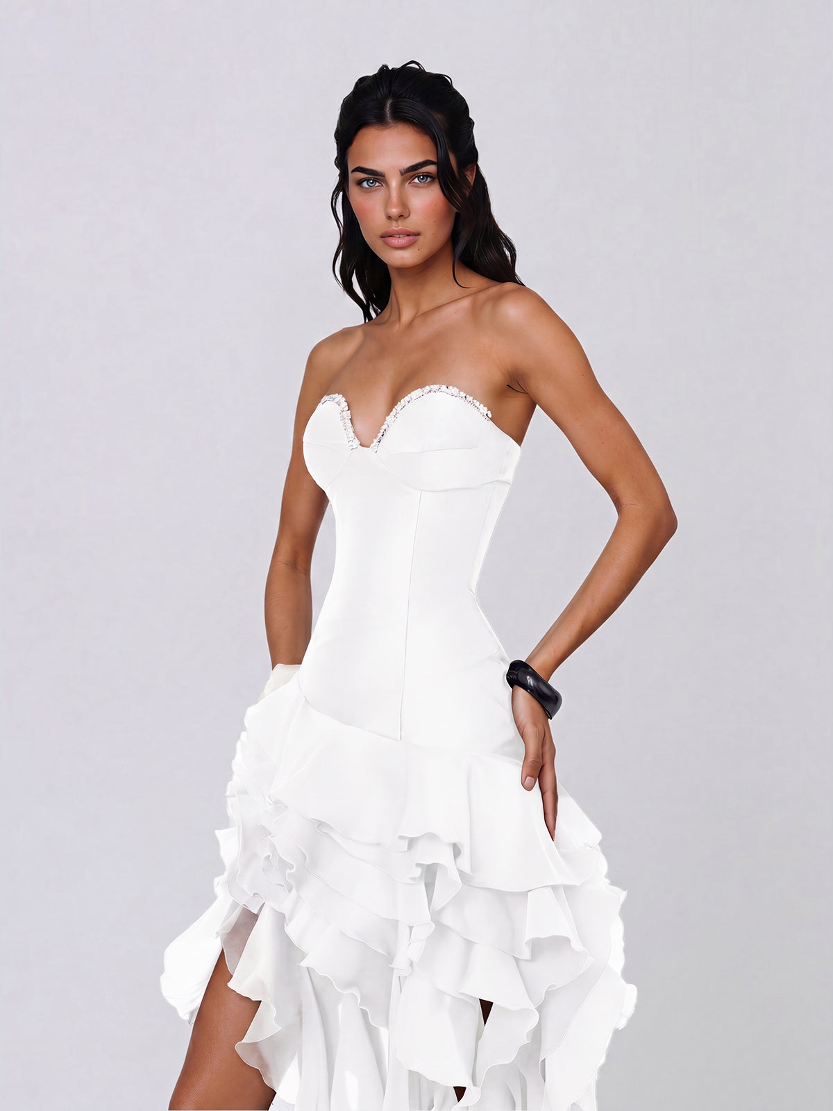 Falden Strapless Ruffle Crystal Dress In White