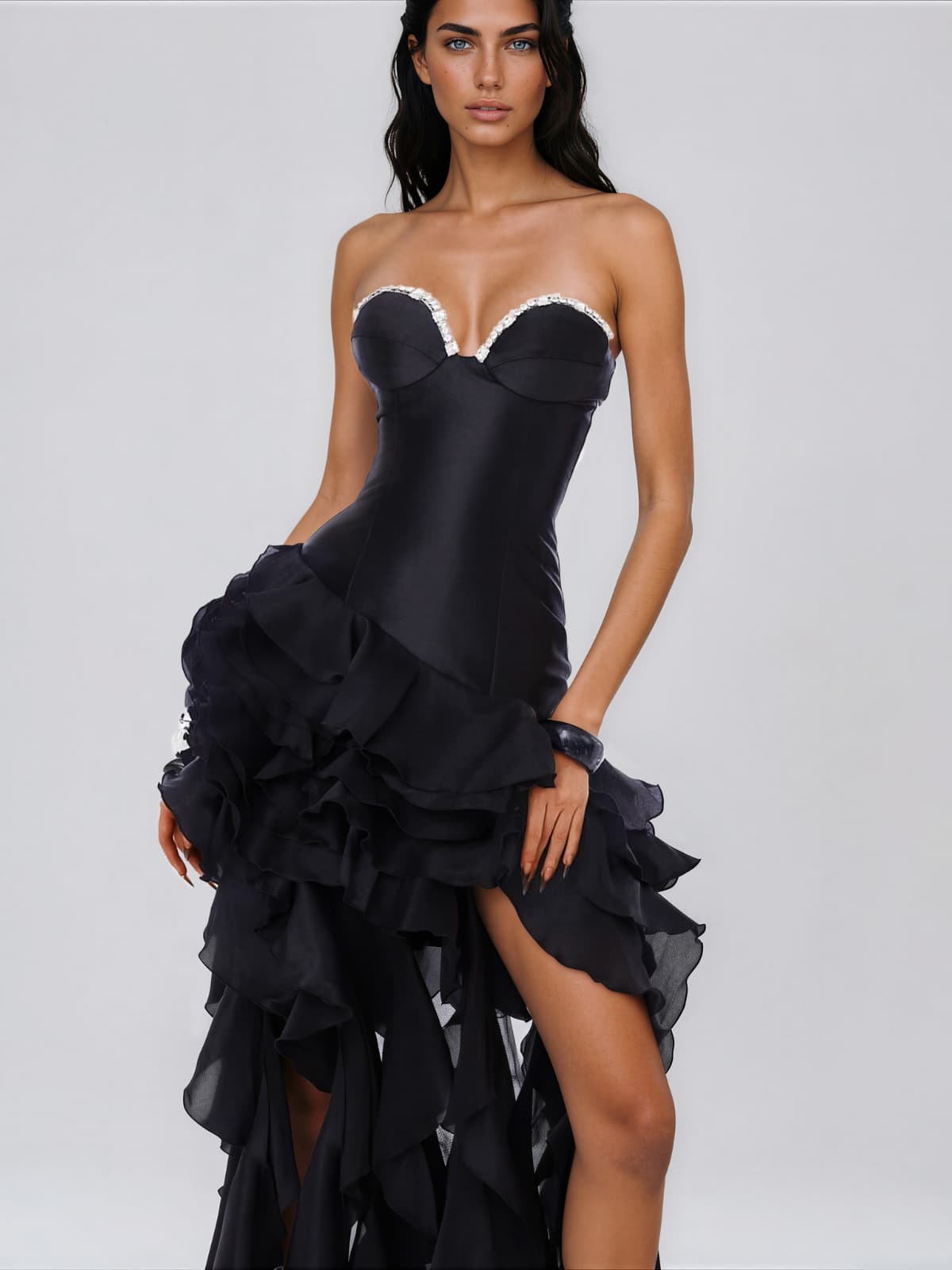 Falden Strapless Ruffle Crystal Dress In Black