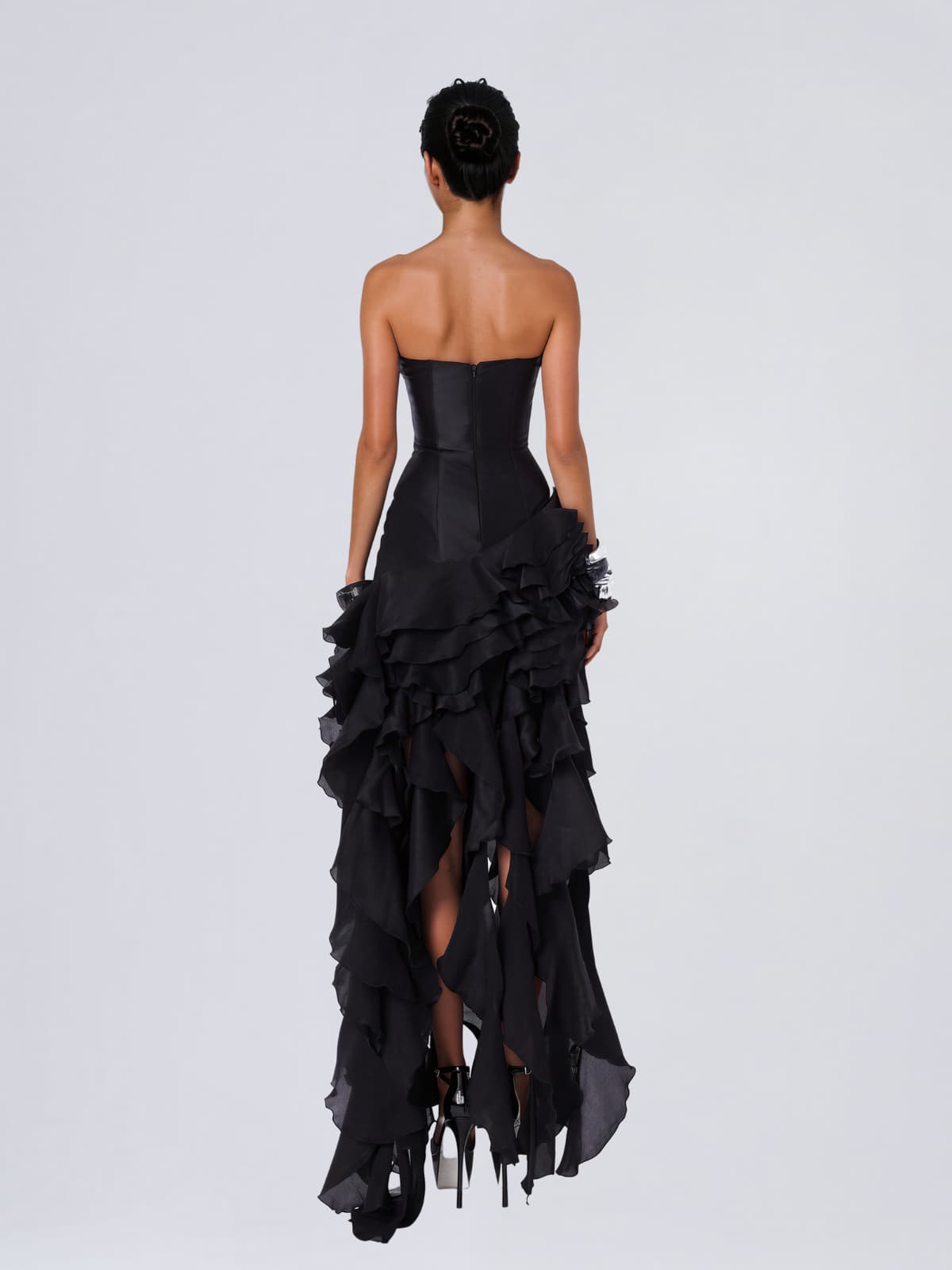 Falden Strapless Ruffle Crystal Dress In Black