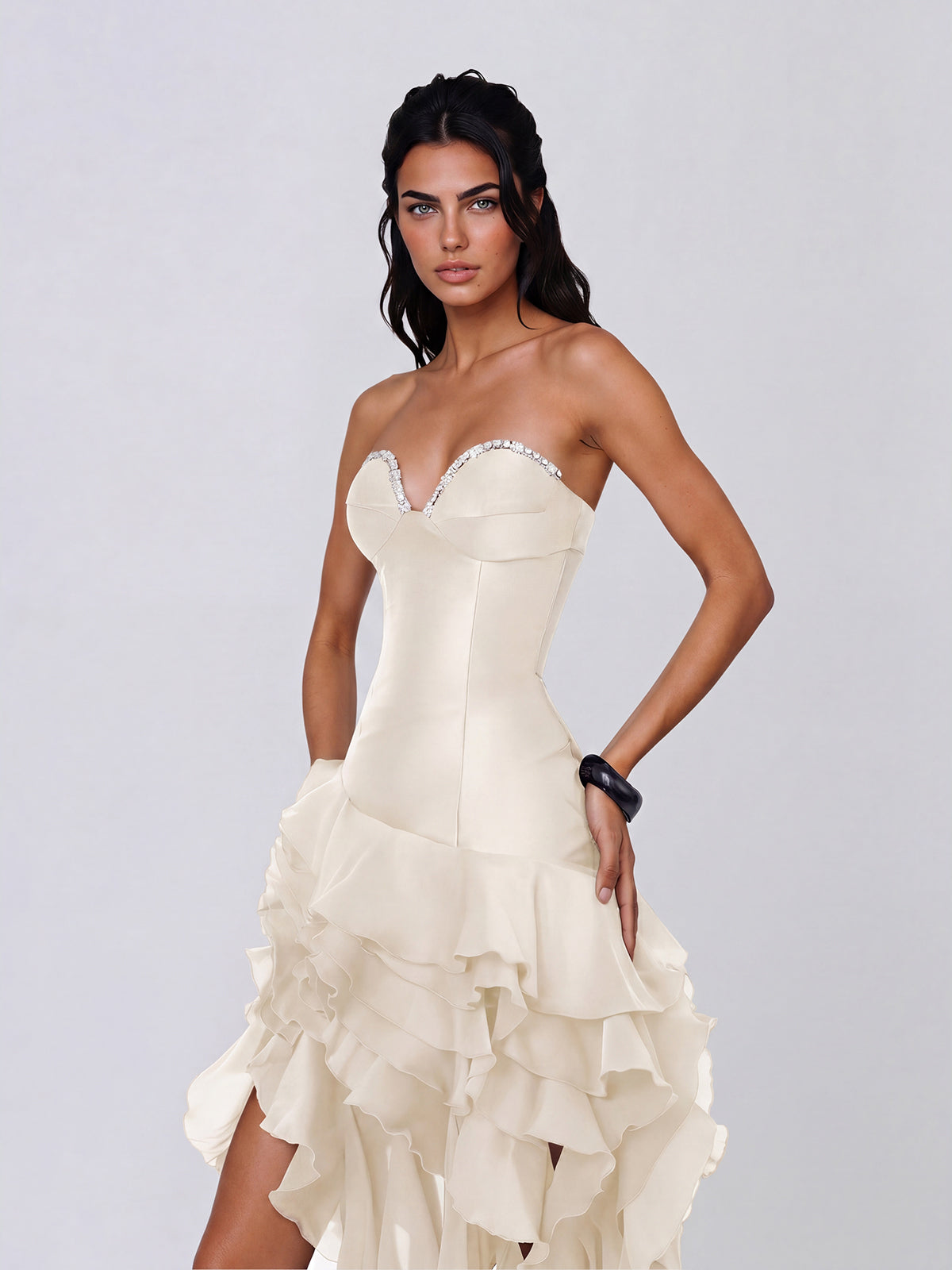 Falden Strapless Ruffle Crystal Dress In Beige