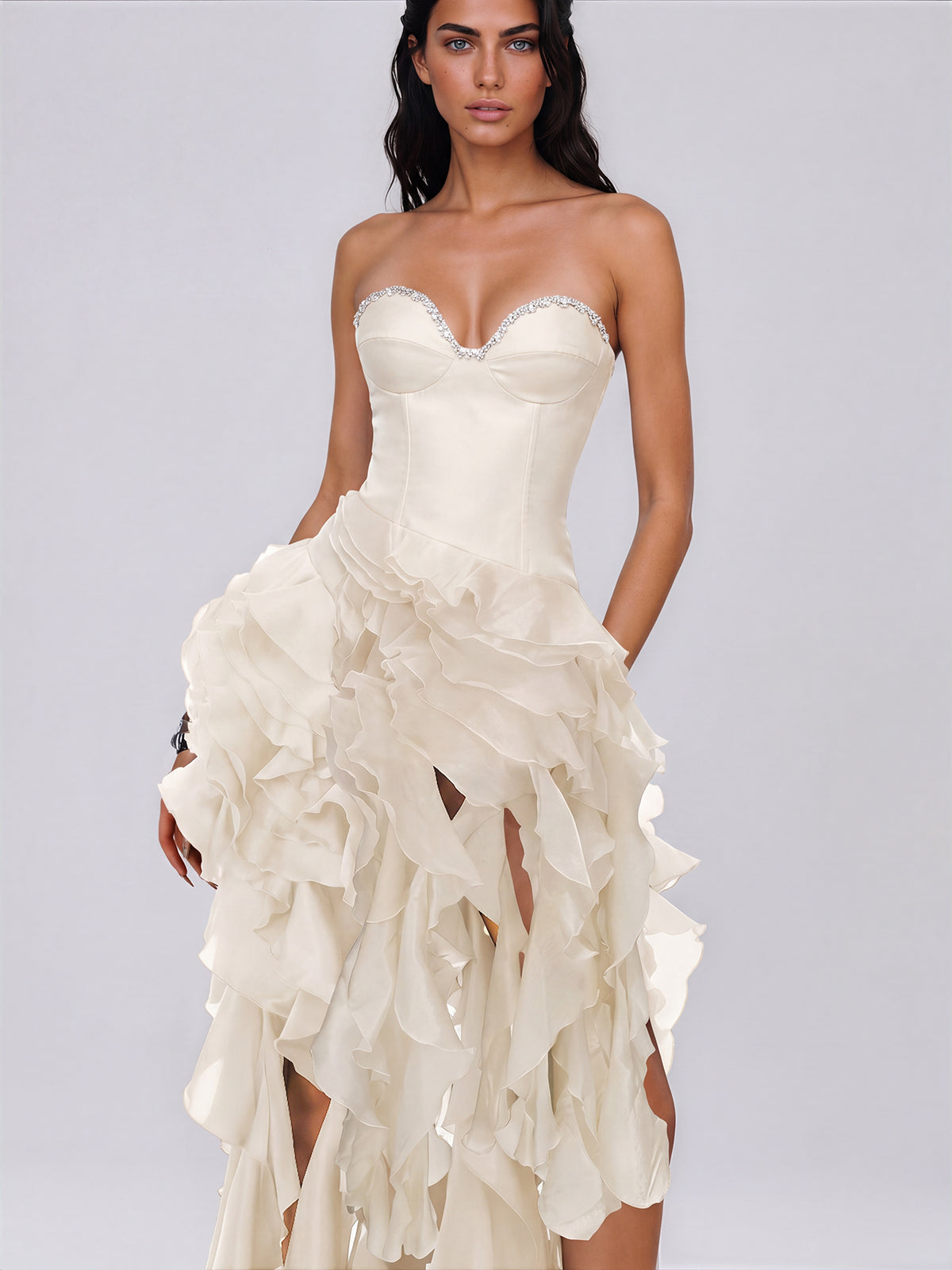 Falden Strapless Ruffle Crystal Dress In Beige