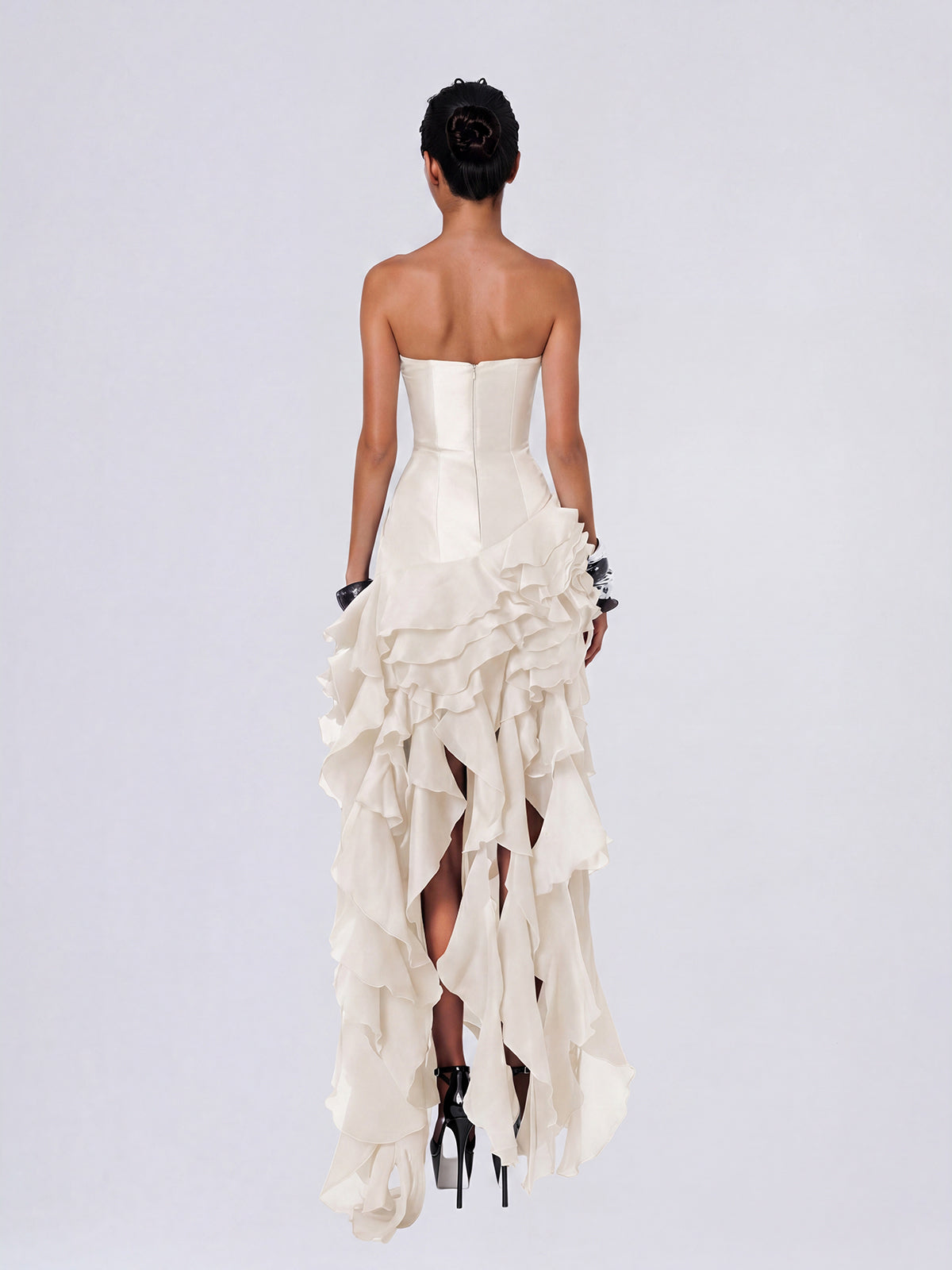 Falden Strapless Ruffle Crystal Dress In Beige