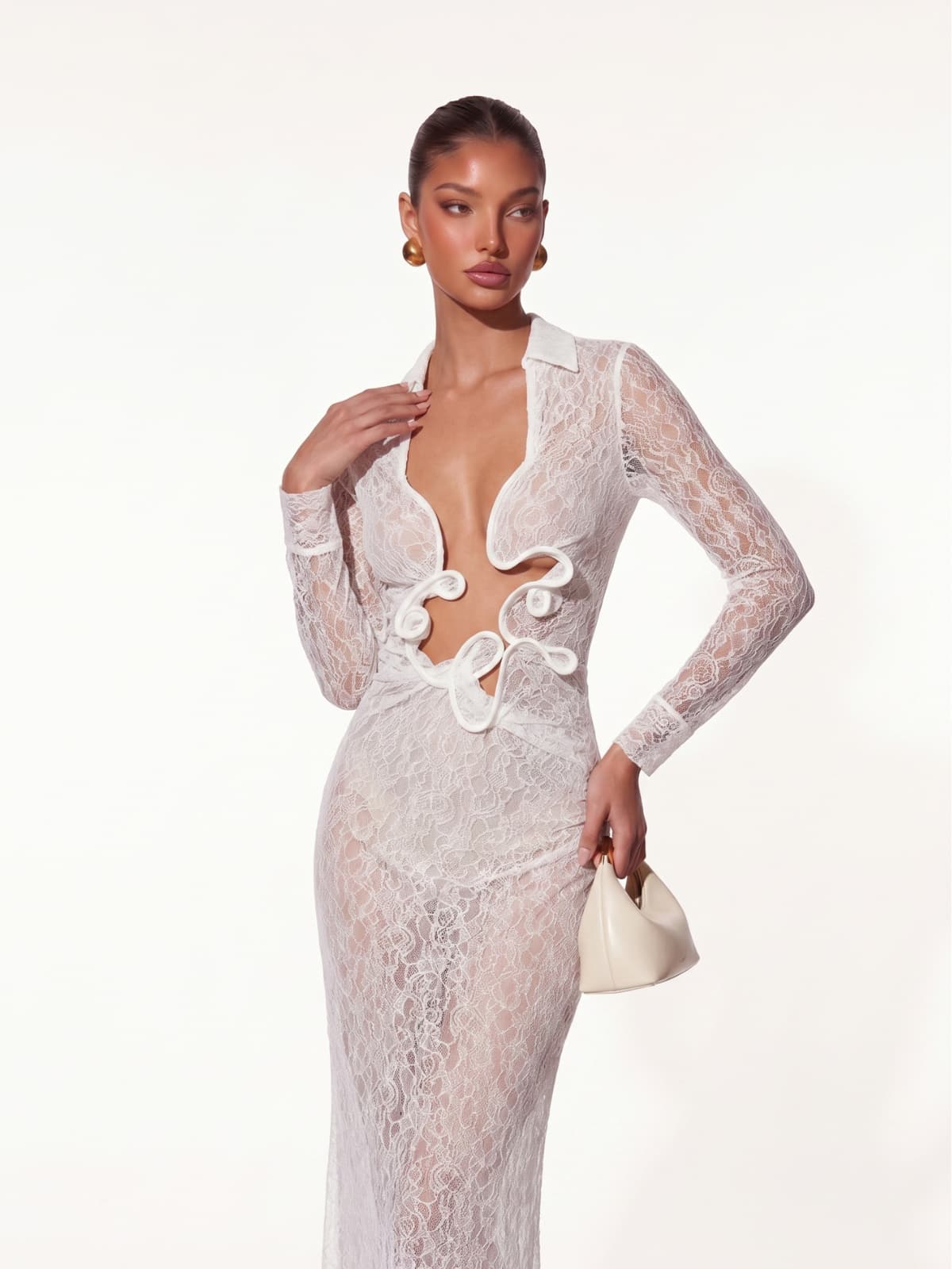 Fylorix Plunge Neck Lace Maxi Dress In White