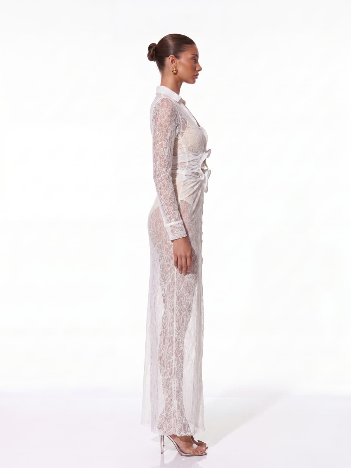 Fylorix Plunge Neck Lace Maxi Dress In White
