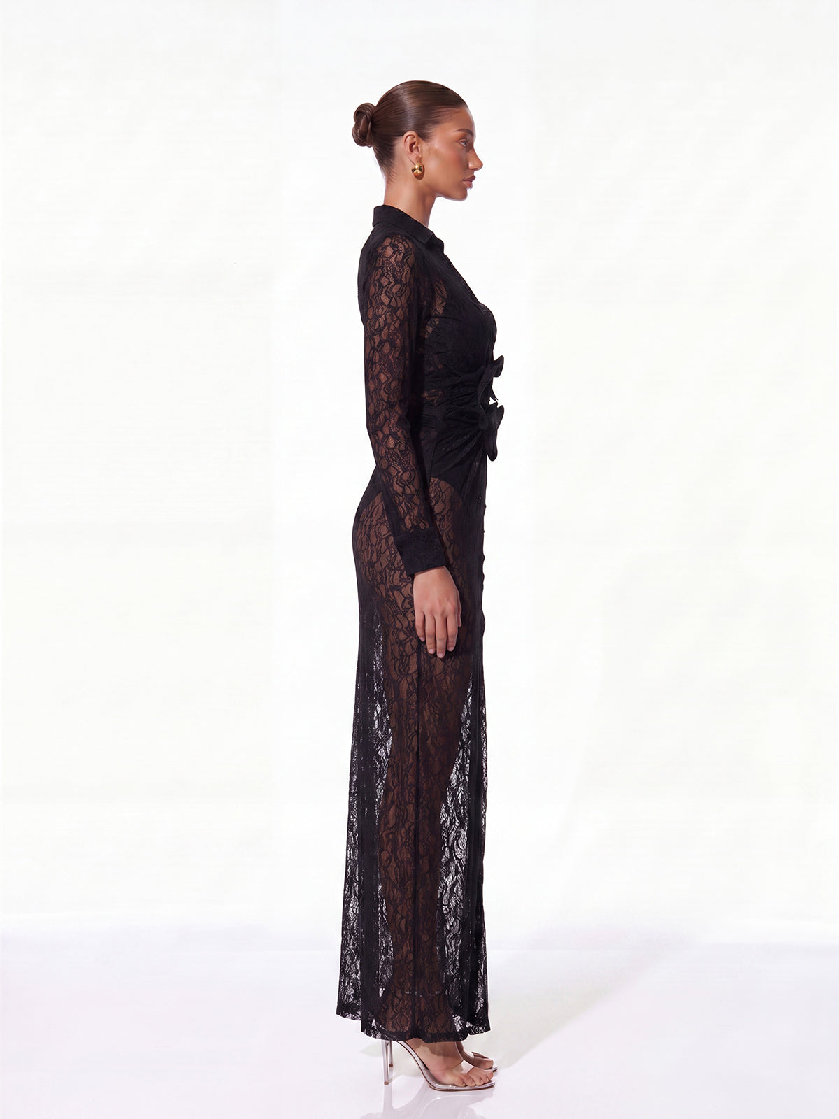 Fylorix Plunge Neck Lace Maxi Dress In Black