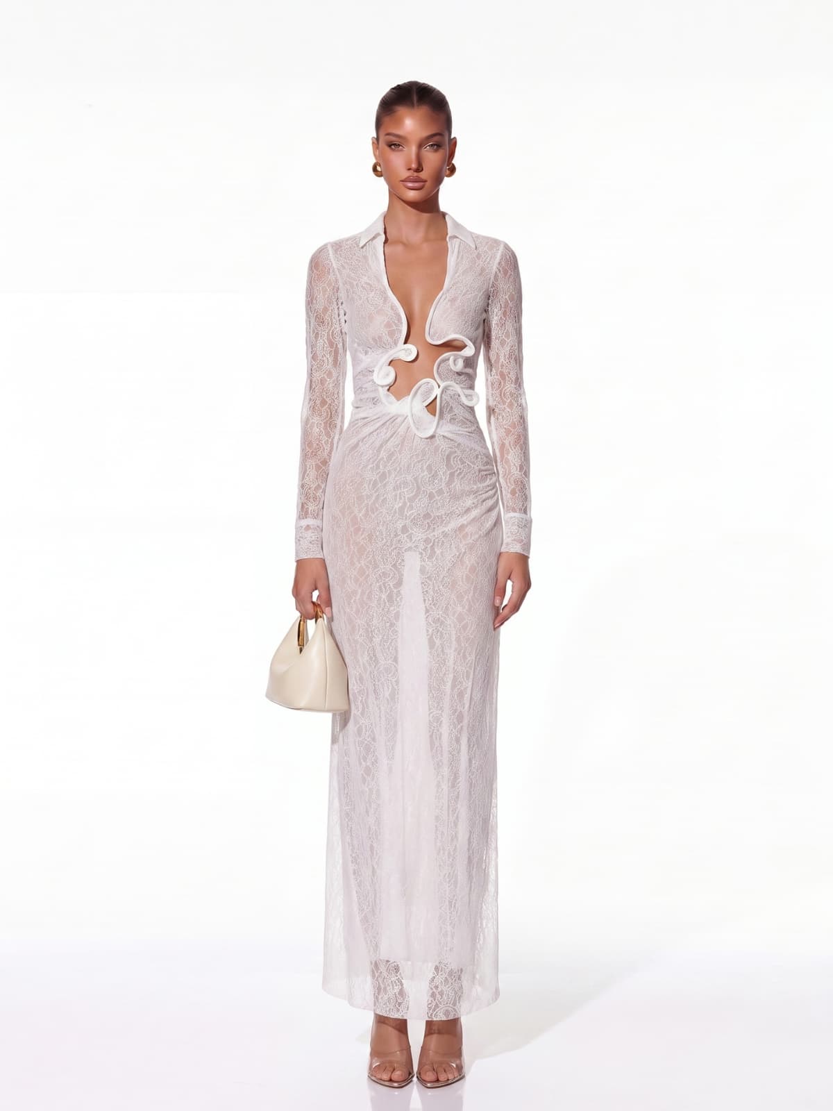 Fylorix Plunge Neck Lace Maxi Dress In White