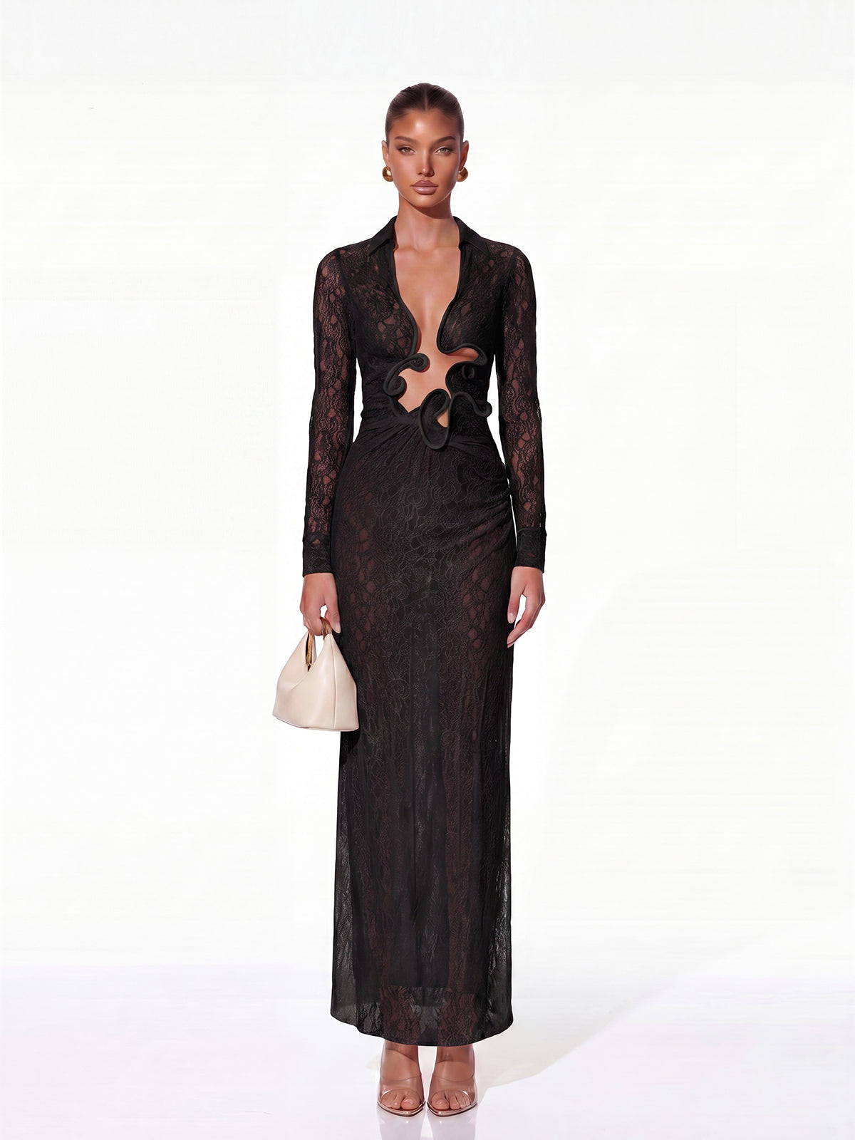 Fylorix Plunge Neck Lace Maxi Dress In Black