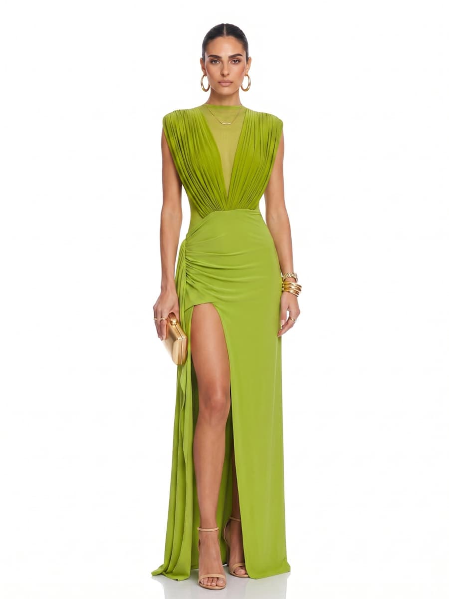Galian Sleeveless Ruched Split Maxi Dress
