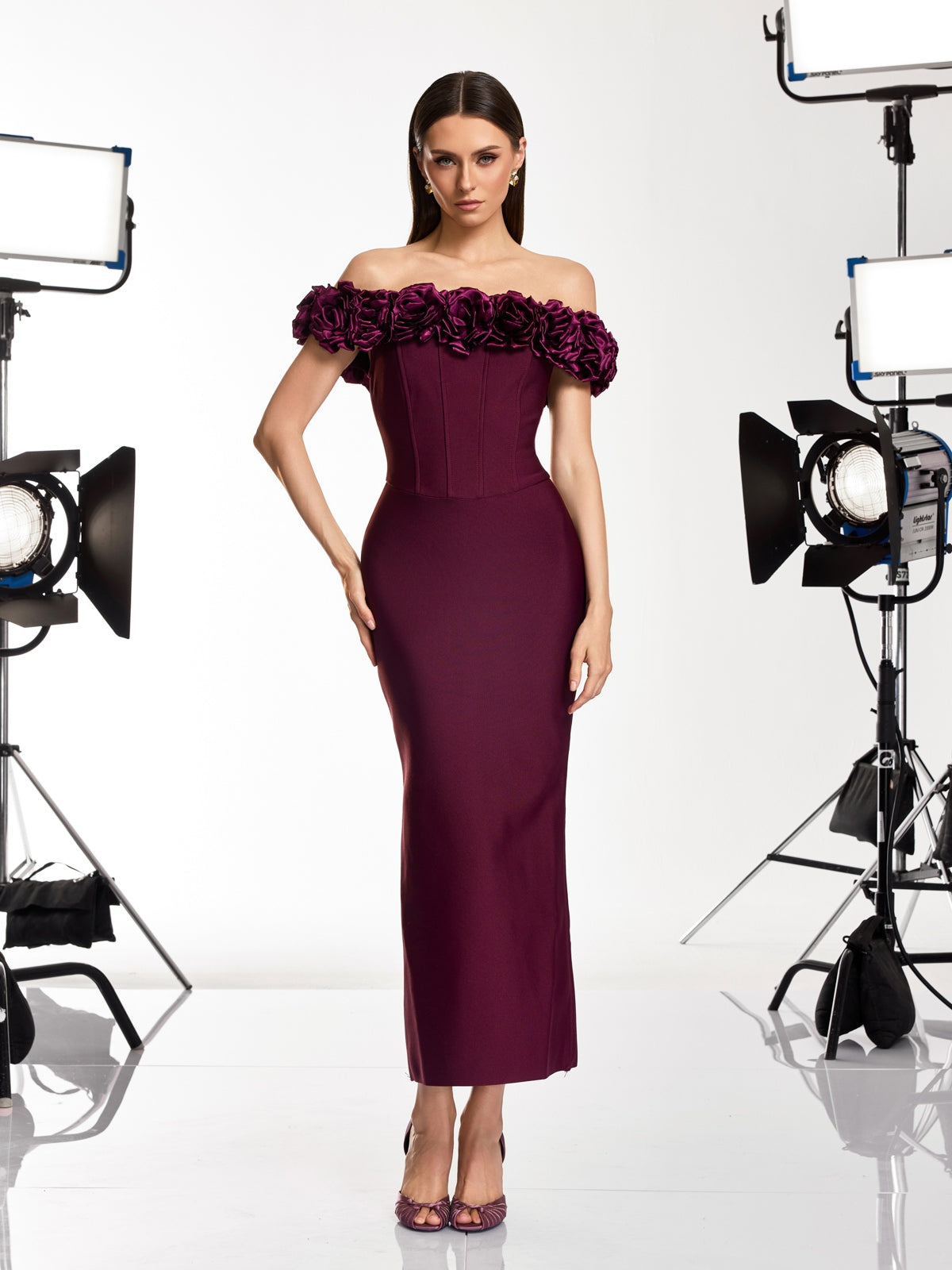 Gryxel Off Shoulder Flower Bandage Midi Dress