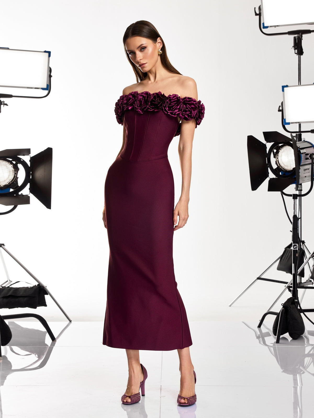 Gryxel Off Shoulder Flower Bandage Midi Dress