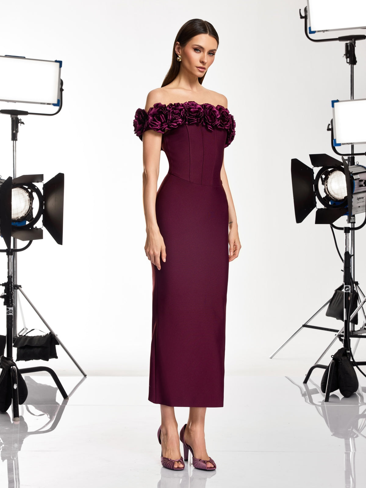 Gryxel Off Shoulder Flower Bandage Midi Dress