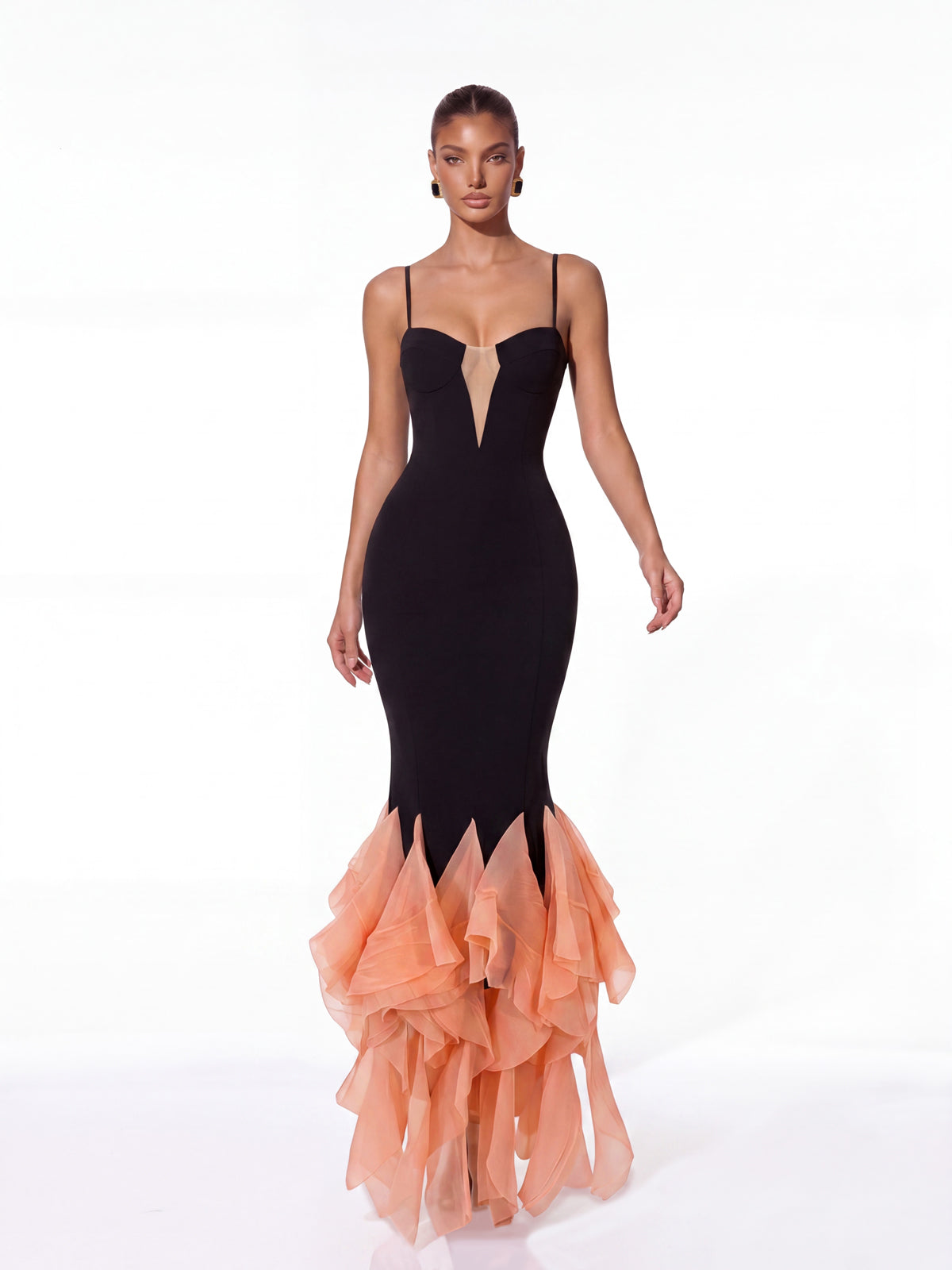 Hyrven Spaghetti Ruffle Bandage Maxi Dress