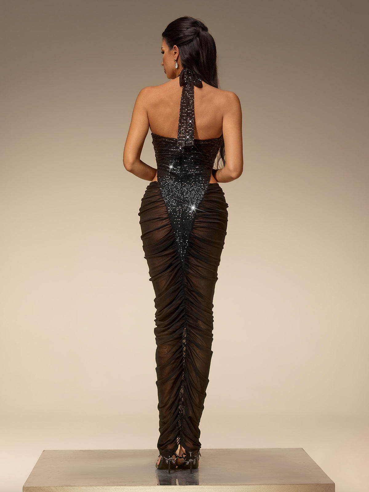 Iavryn Halterneck Mesh Sequin Maxi Dress