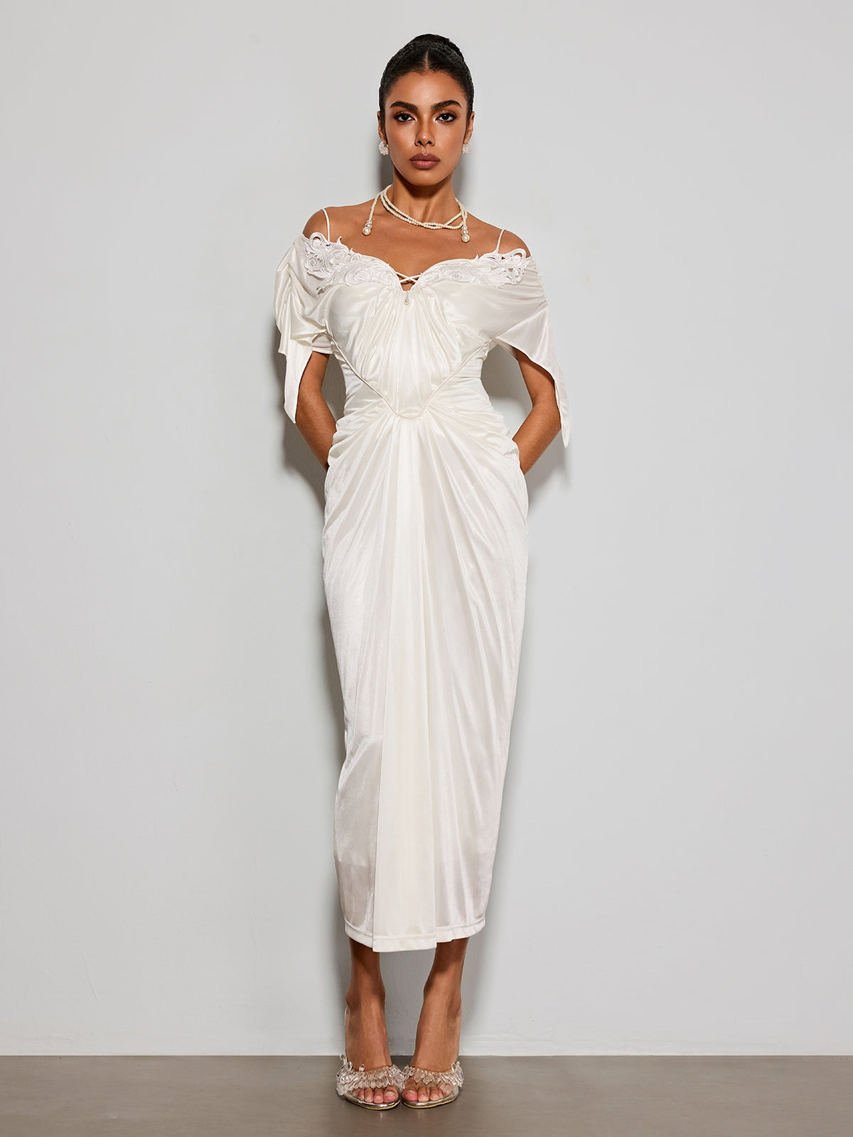 Ilytheron Off Shoulder Satin Midi Dress