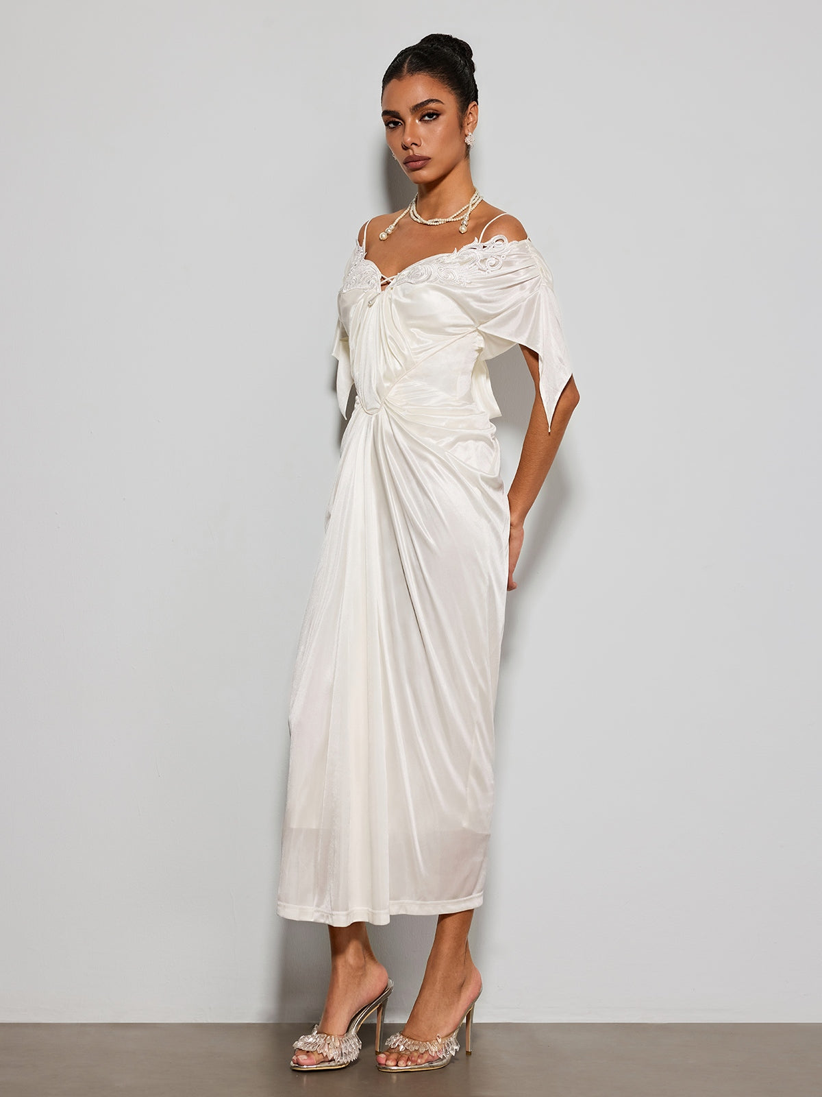 Ilytheron Off Shoulder Satin Midi Dress
