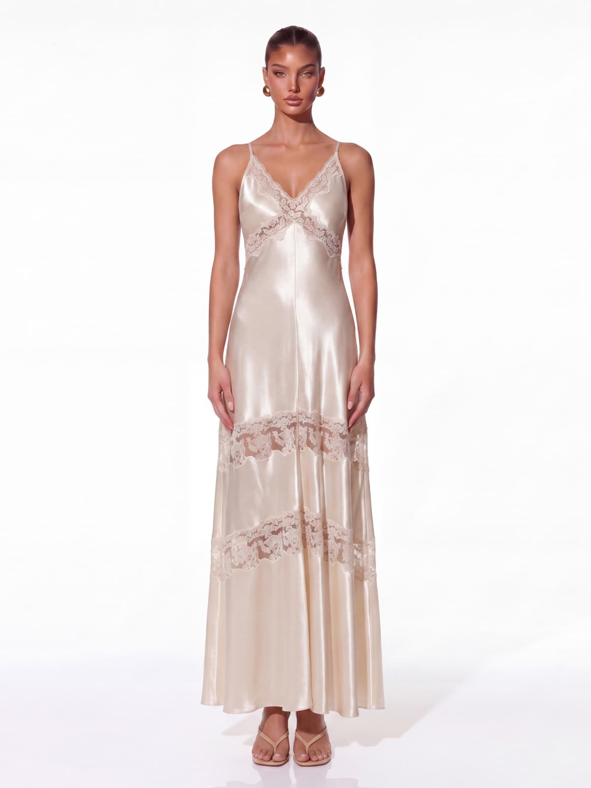 Isleno Spaghetti Lace Satin Maxi Dress