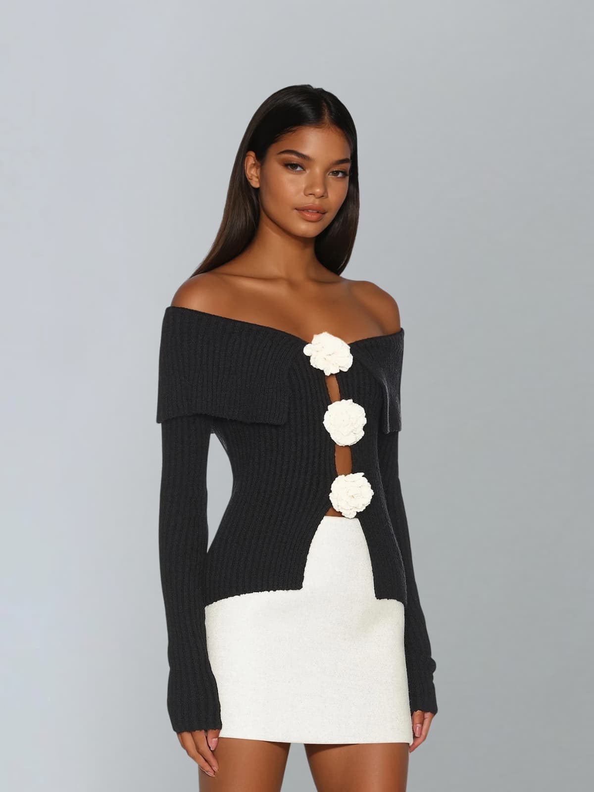 Jittera Off Shoulder Flower Knitted Top