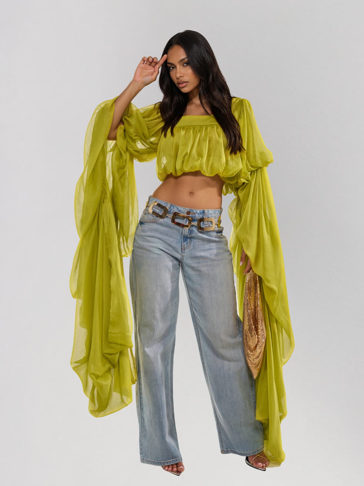 Jorvik Cape Sleeve Crop Top In Chartreuse