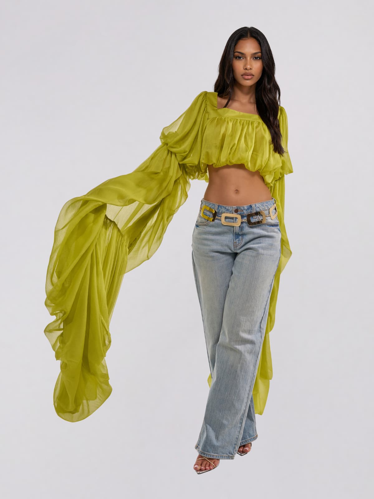 Jorvik Cape Sleeve Crop Top In Chartreuse