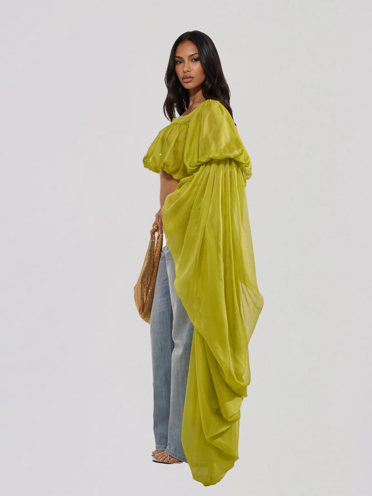 Jorvik Cape Sleeve Crop Top In Chartreuse
