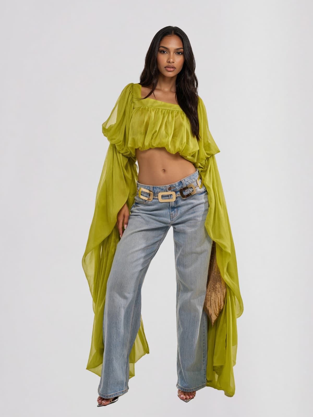 Jorvik Cape Sleeve Crop Top In Chartreuse