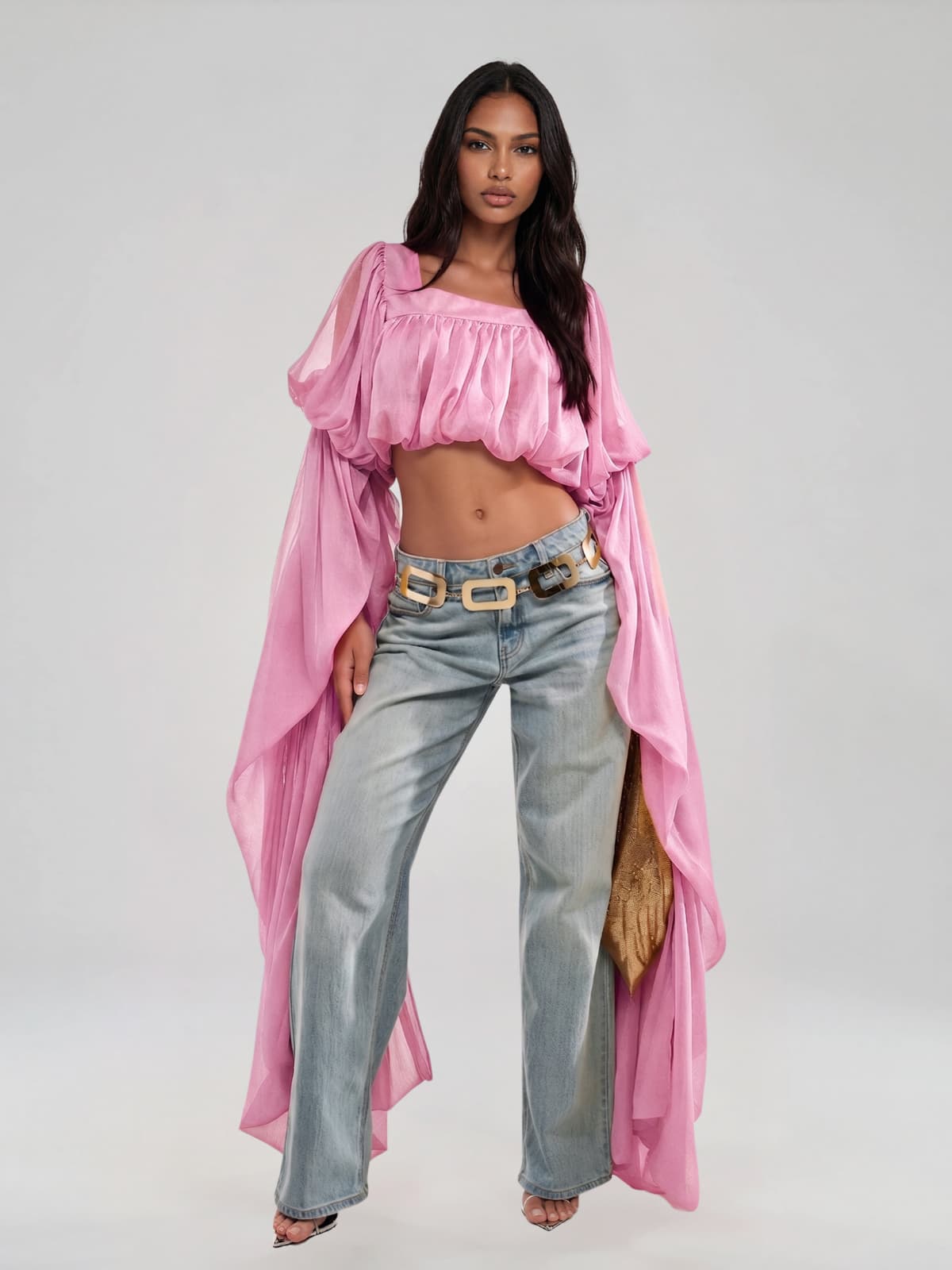Jorvik Cape Sleeve Crop Top In Pink