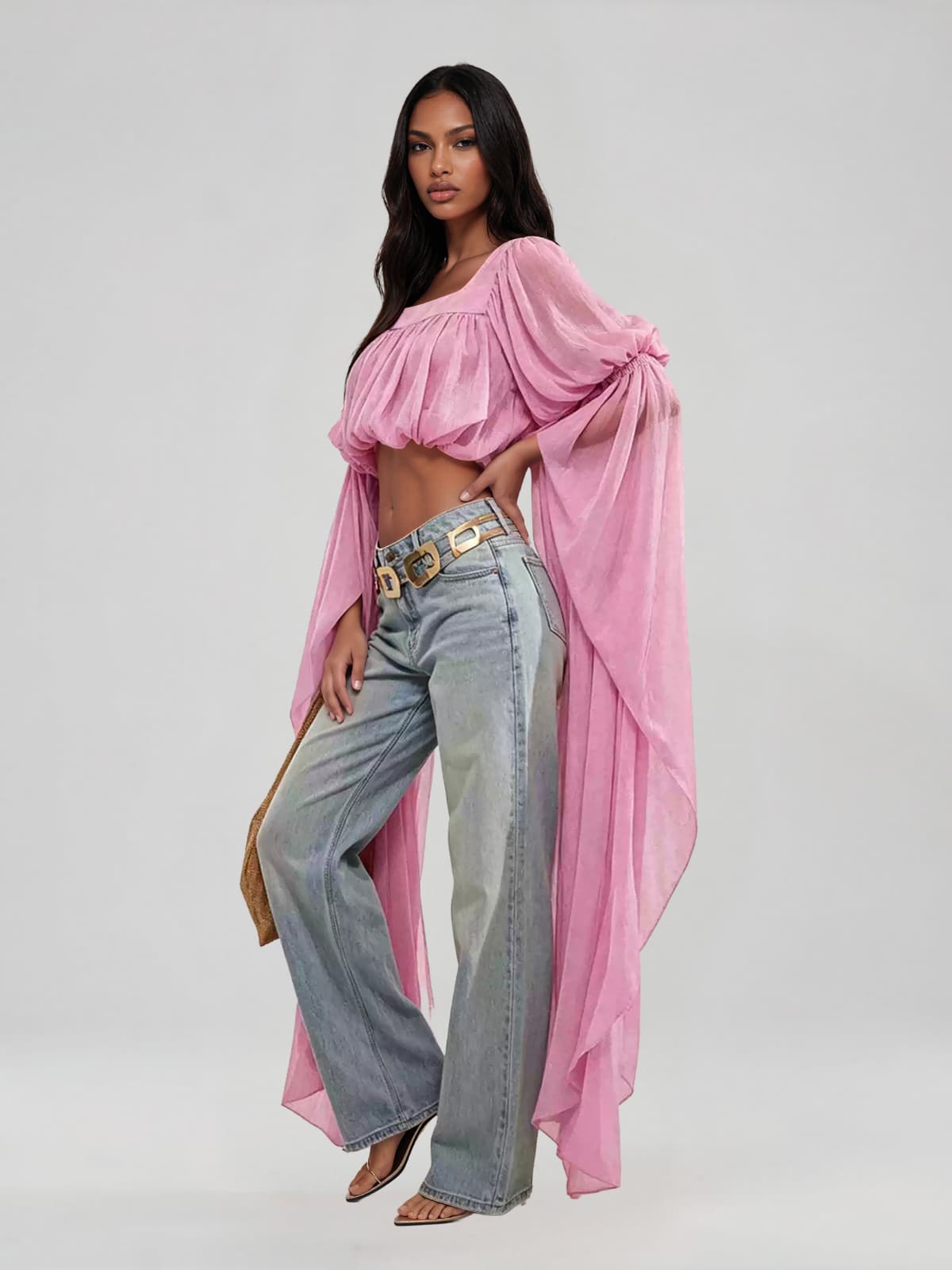 Jorvik Cape Sleeve Crop Top In Pink