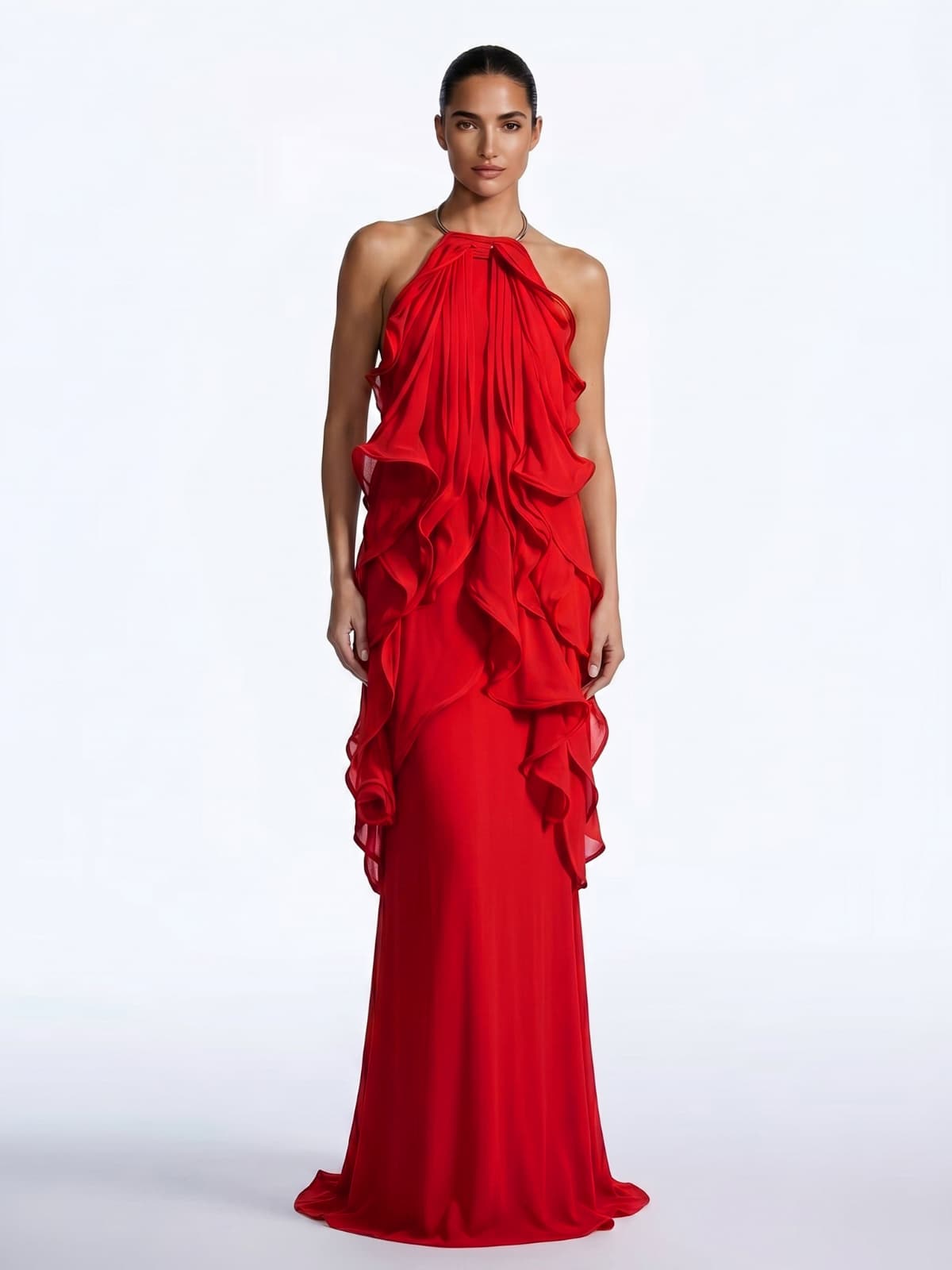 Kaelum Backless Ruffle Maxi Dress In Red