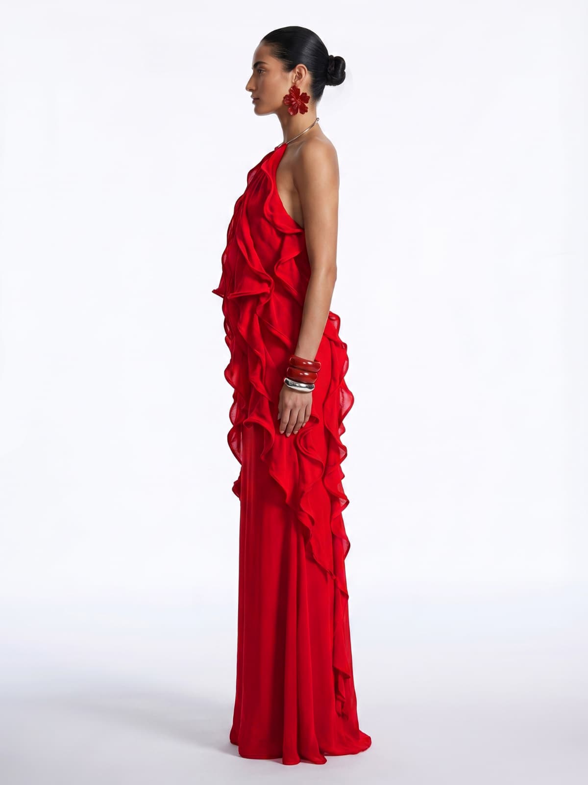 Kaelum Backless Ruffle Maxi Dress In Red