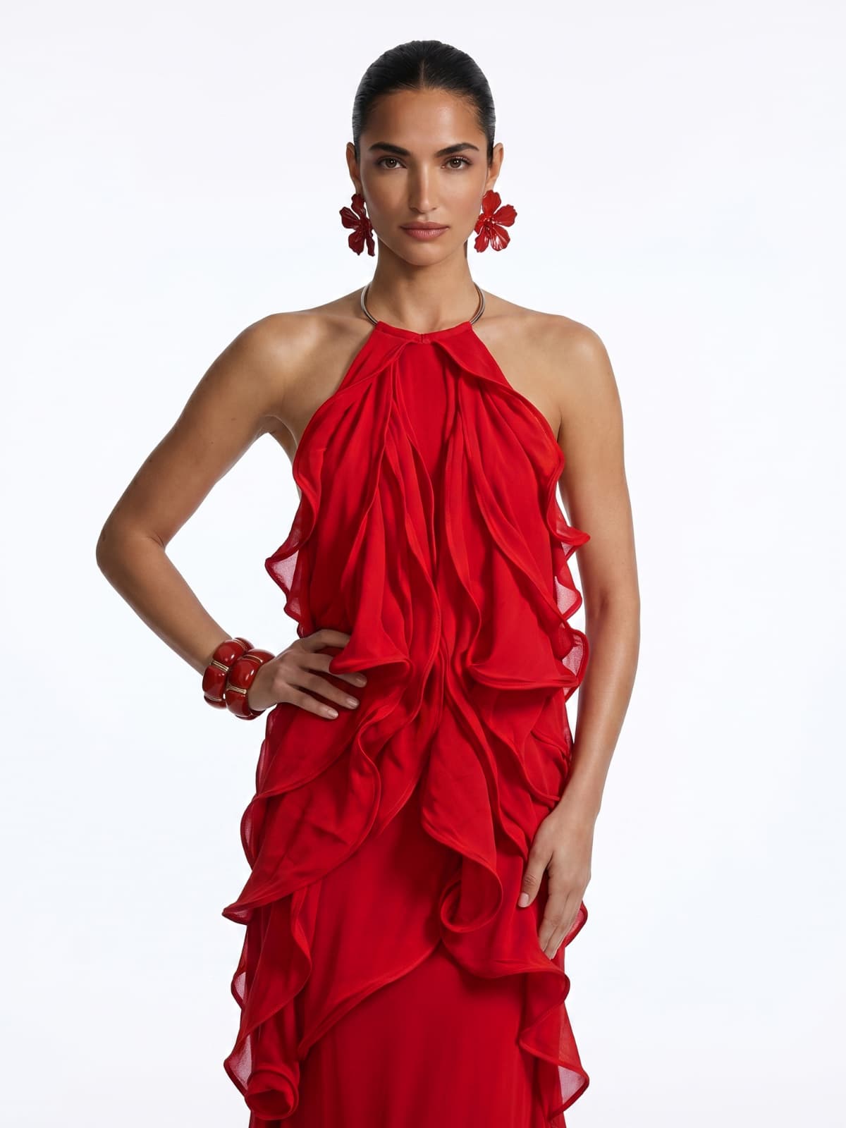 Kaelum Backless Ruffle Maxi Dress In Red