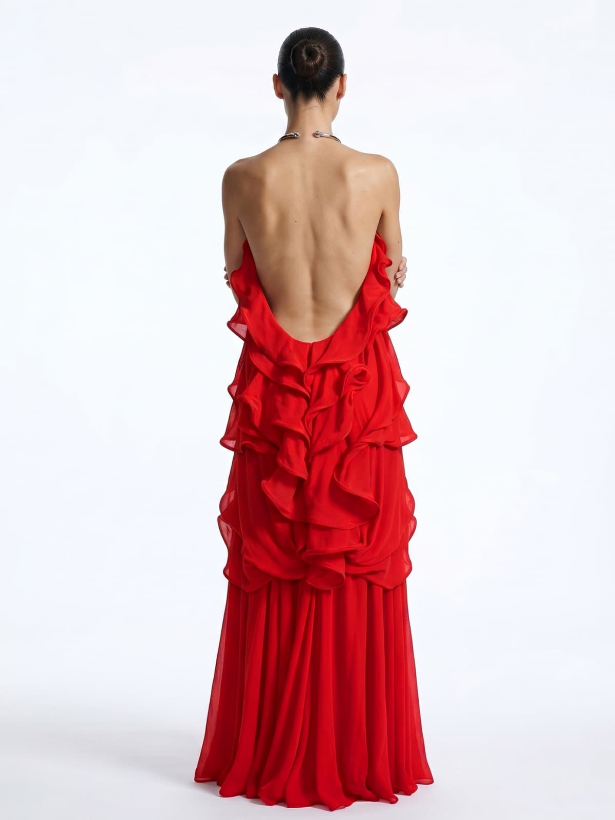 Kaelum Backless Ruffle Maxi Dress In Red