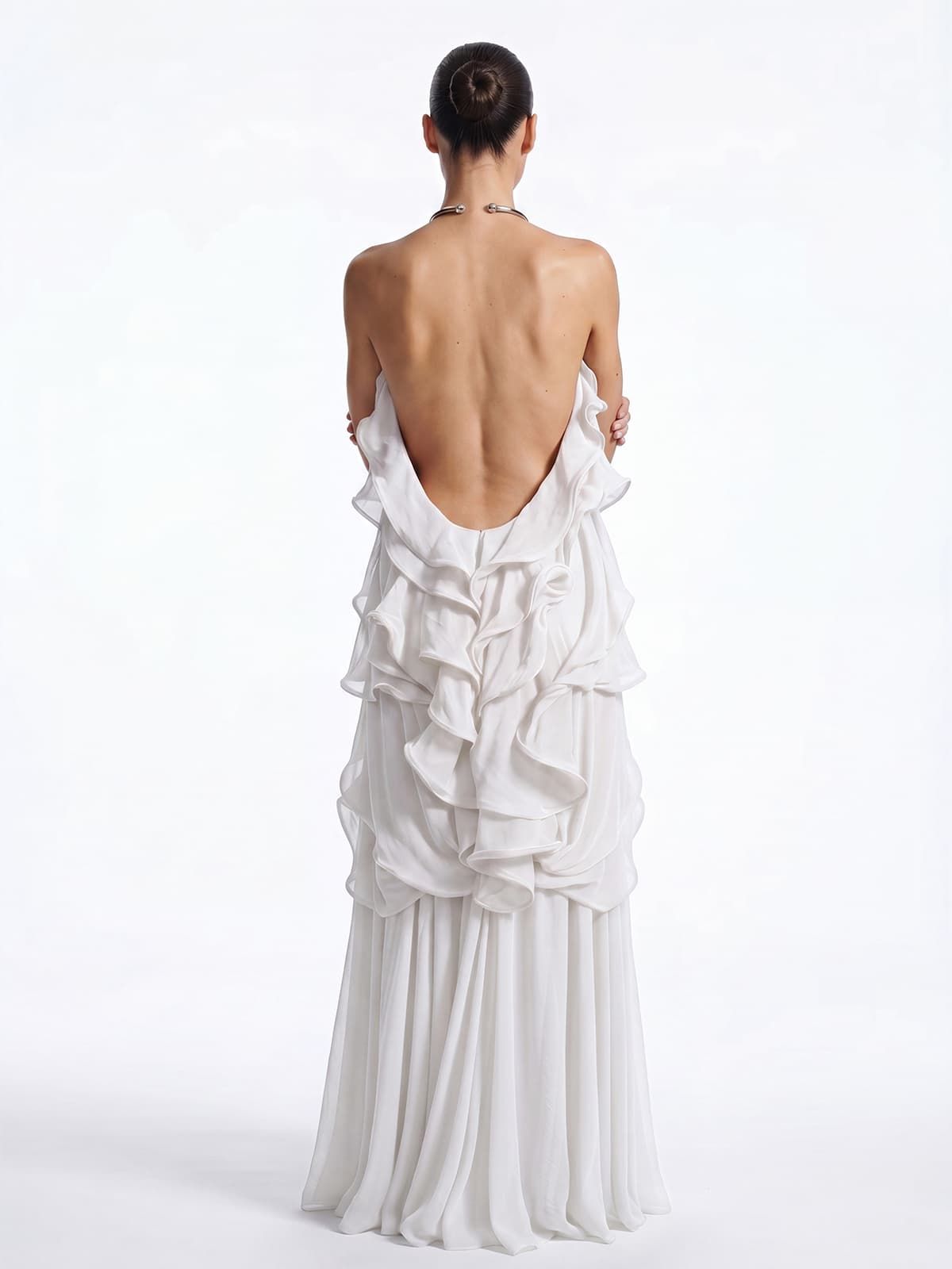 Kaelum Backless Ruffle Maxi Dress In White