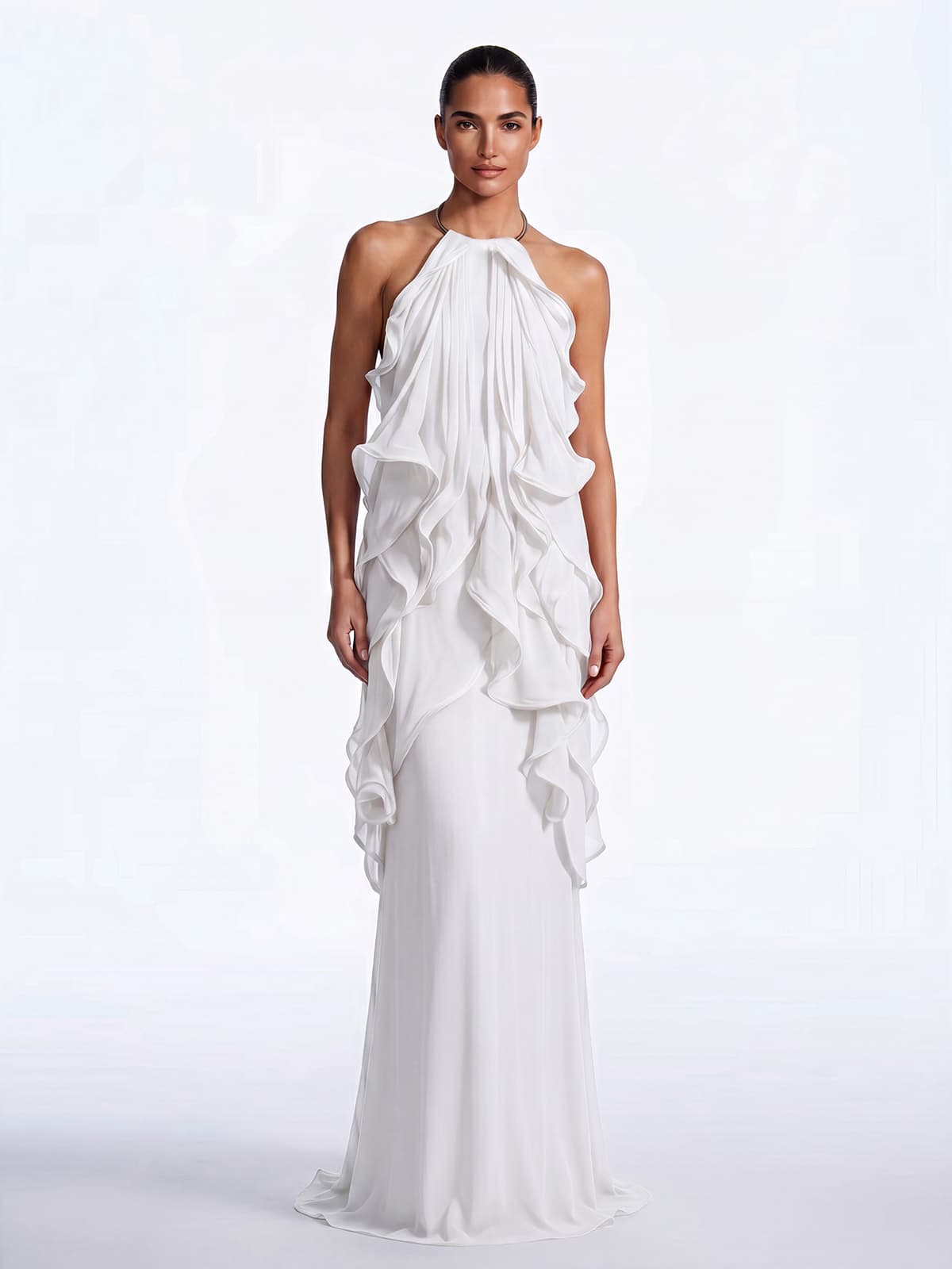 Kaelum Backless Ruffle Maxi Dress In White