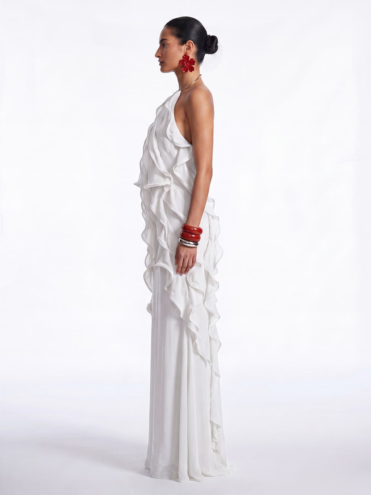 Kaelum Backless Ruffle Maxi Dress In White